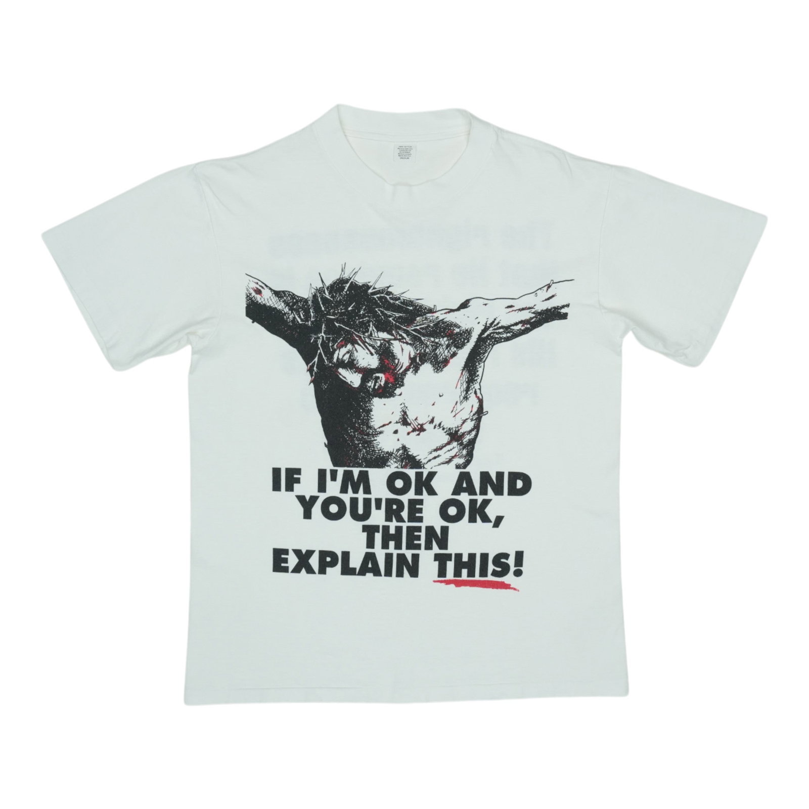 Vintage 1990s White Jesus Christ Graphic Cotton Shirt Medium: Vintage 1990s White Jesus Christ Graphic Cotton Shirt Medium This is an original vintage 1990s "Jesus Christ If I'm Ok" shirt, featuring graphics on both the front and back. Made from 100% cotton, it 