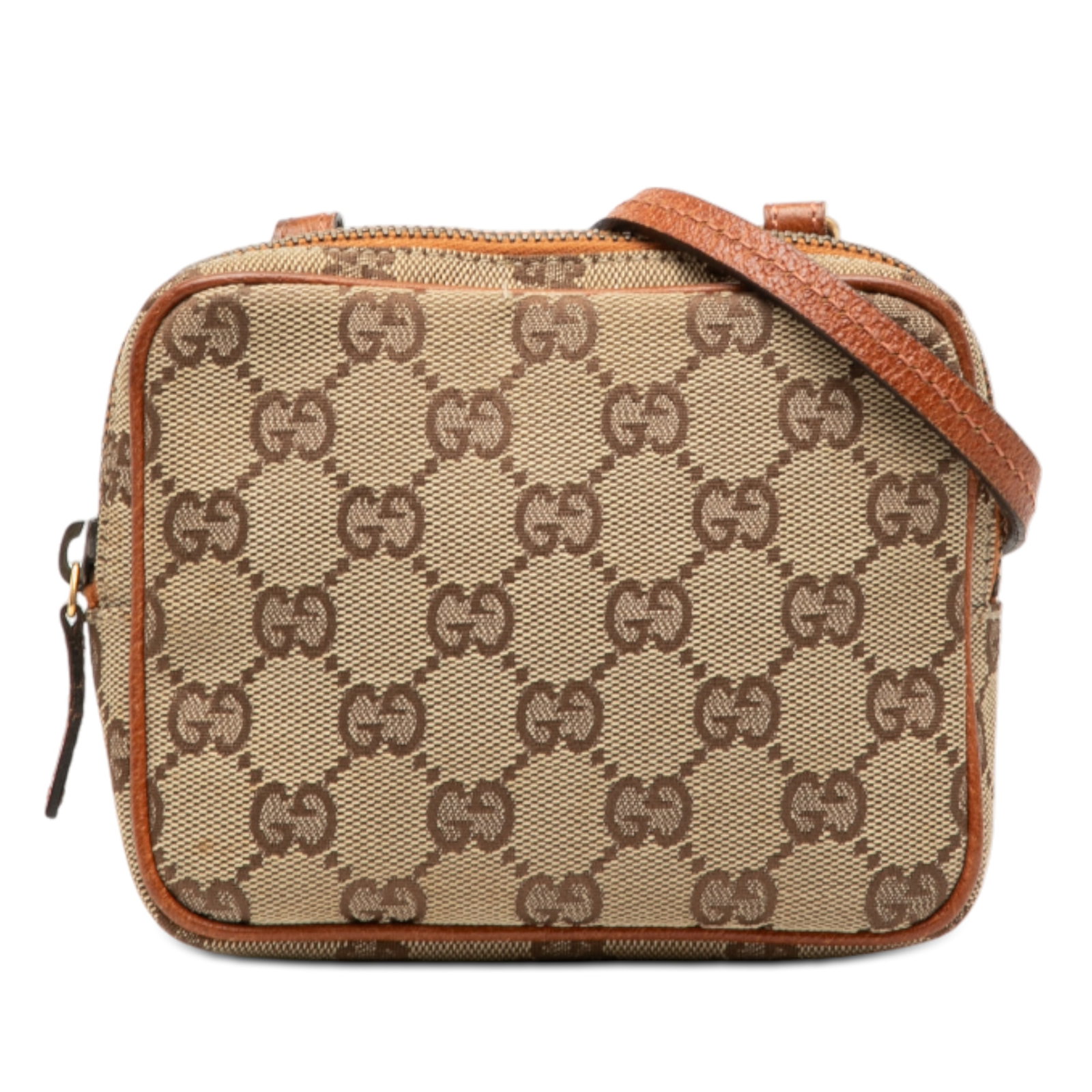 Gucci GG Canvas Beige Crossbody Bag with Leather Trim: Gucci GG Canvas Beige Crossbody Bag with Leather Trim This Gucci GG Canvas Crossbody bag features a beige canvas body with leather trim, a flat leather strap, and a top zip closure. The bag shows sign