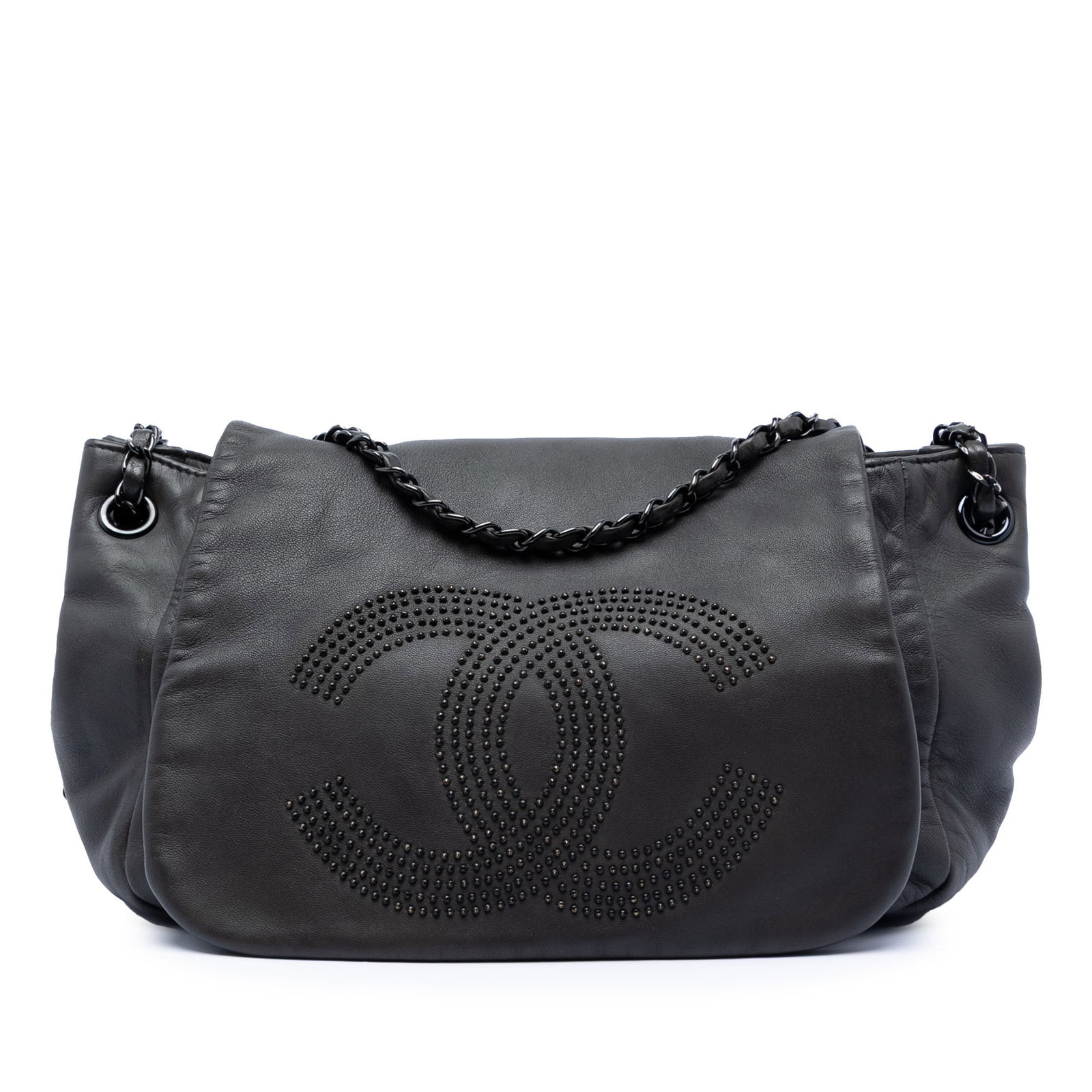 Chanel Black Lambskin Accordion Shoulder Bag with Studded CC Flap: Chanel Black Lambskin Accordion Shoulder Bag with Studded CC Flap This Chanel Lambskin Studded CC Accordion Flap shoulder bag features a studded lambskin leather body, leather woven chain link straps,