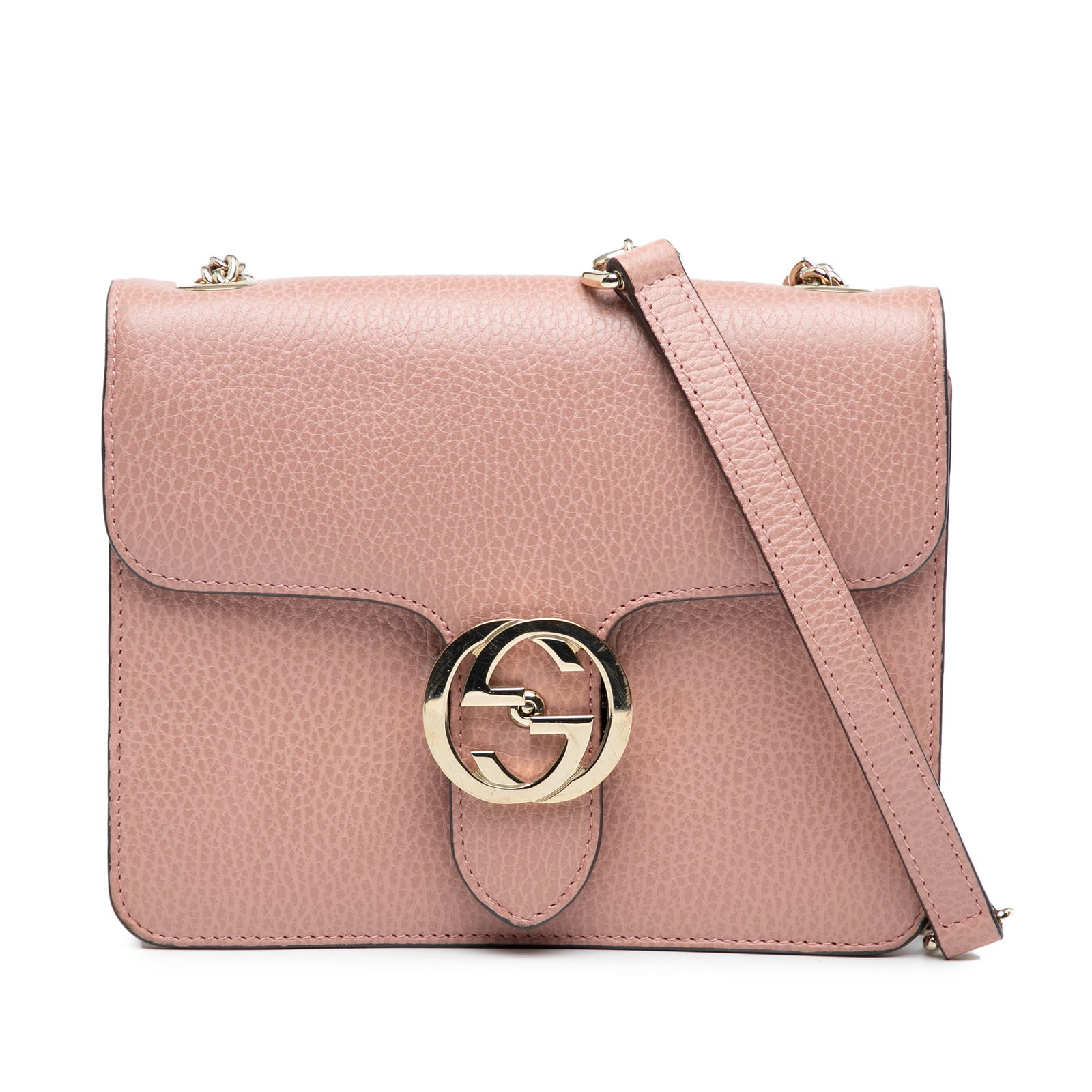 Gucci Pink Small Dollar Calfskin Interlocking G Crossbody Bag: Gucci Pink Small Dollar Calfskin Interlocking G Crossbody Bag The Gucci Small Dollar Calfskin Interlocking G Crossbody bag is a stylish accessory crafted from premium leather. This chic bag features a