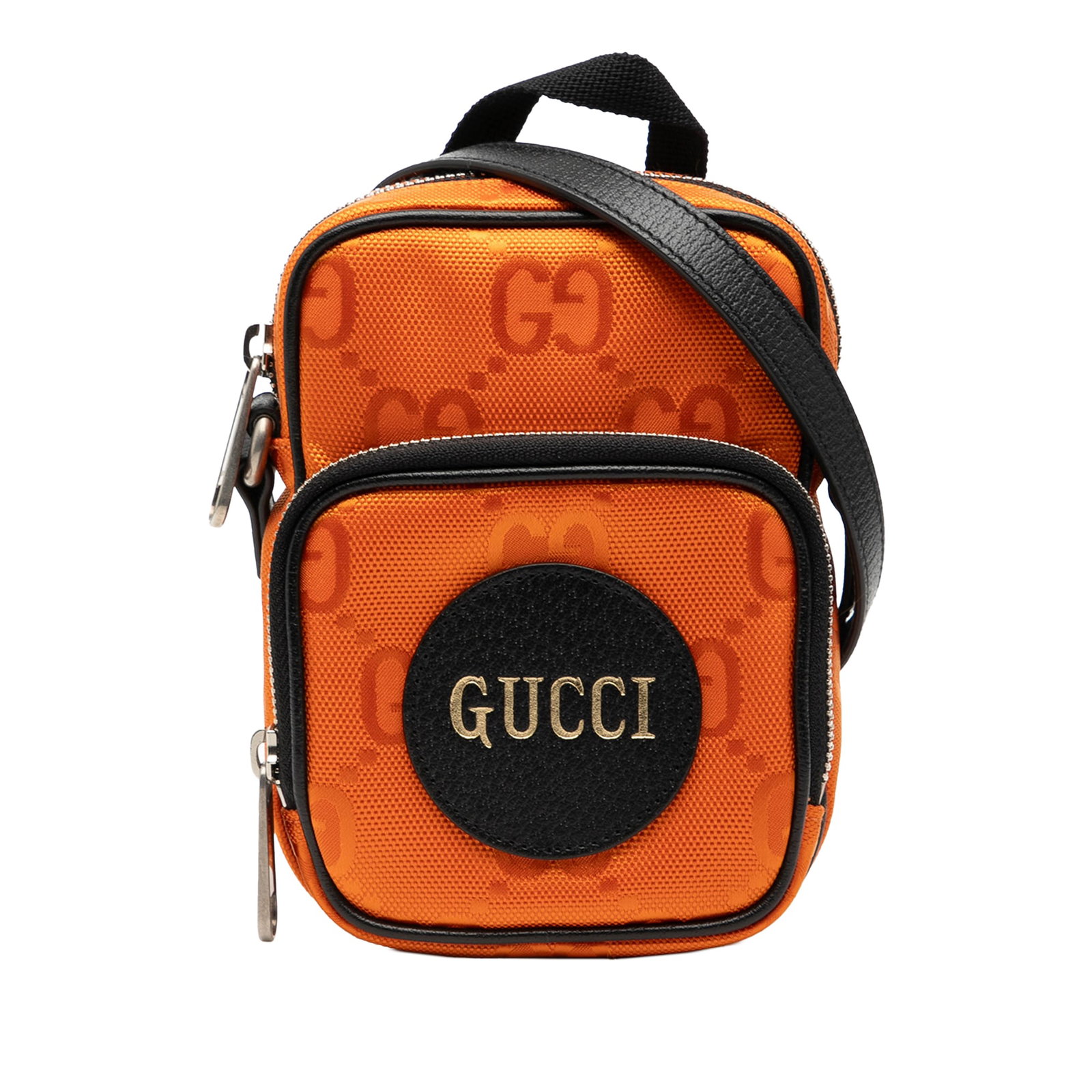 Mini GG Off the Grid Orange Nylon Satchel with Leather Trim: Mini GG Off the Grid Orange Nylon Satchel with Leather Trim This Gucci Mini GG Off The Grid Satchel features a durable nylon body with leather trim, a flat top handle, and an adjustable flat leather s