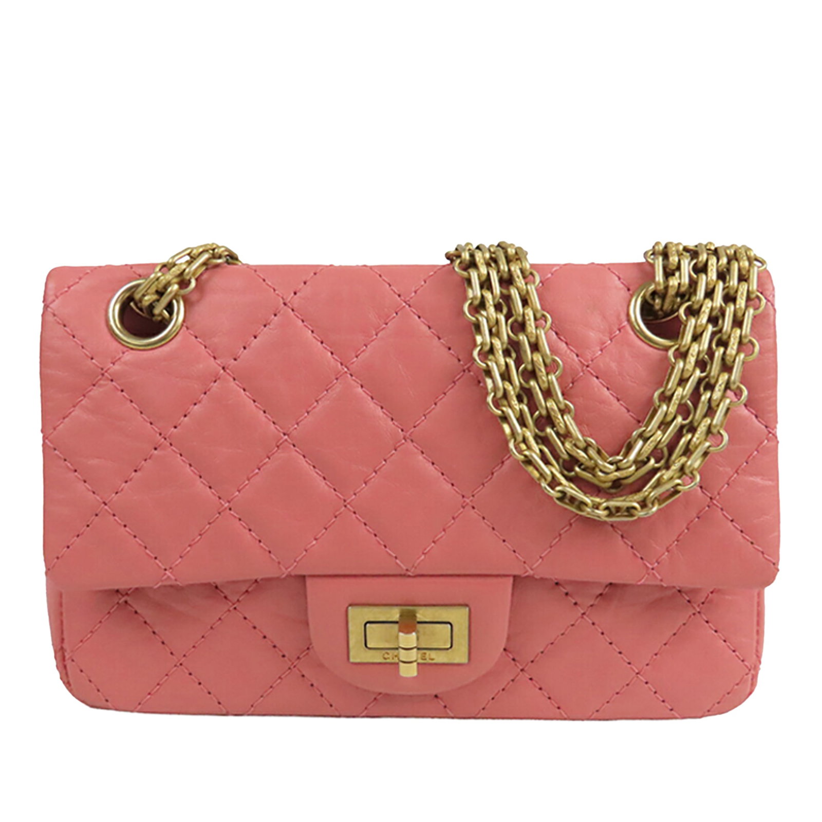 Chanel Reissue 2.55 224 Pink Quilted Calfskin Single Flap Crossbody Bag: Chanel Reissue 2.55 224 Pink Quilted Calfskin Single Flap Crossbody Bag This Chanel Quilted Aged Calfskin Reissue 2.55 Single Flap 224 is crafted from quilted calfskin leather in pink and features a f