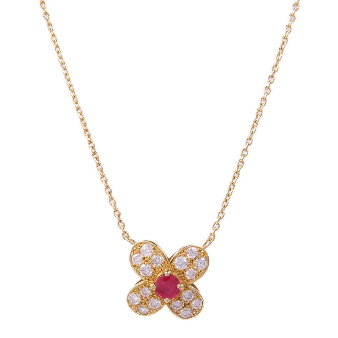 JEWELRY Ruby Diamond Necklace in 18K Yellow Gold: JEWELRY Ruby Diamond Necklace in 18K Yellow Gold This exquisite ruby diamond necklace showcases a stunning design crafted from 18K yellow gold (K18). The vibrant red ruby serves as the focal point of 