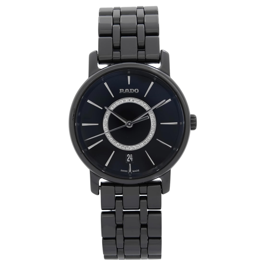 Rado Diamaster 33mm Black Ceramic Quartz Ladies Watch R14063737 with Diamond Accents: Rado Diamaster 33mm Black Ceramic Quartz Ladies Watch R14063737 with Diamond Accents Introducing the Rado Diamaster Ladies Watch, a stunning blend of elegance and functionality. This timepiece feature