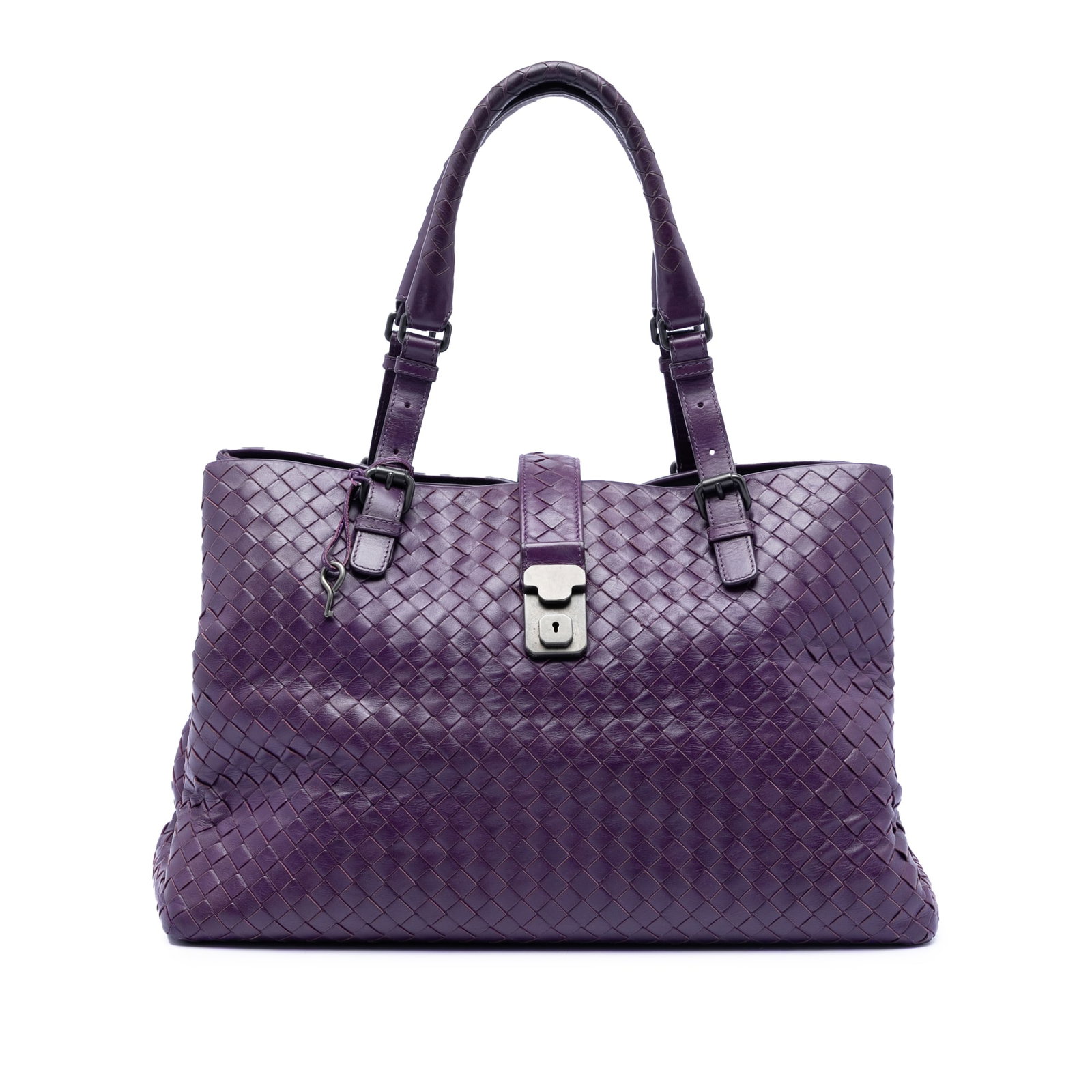 Medium Intrecciato Nappa Leather Roma Tote by Bottega Veneta: Medium Intrecciato Nappa Leather Roma Tote by Bottega Veneta This Bottega Veneta Medium Nappa Intrecciato Roma Tote features a woven nappa leather exterior in a purple hue, rolled leather handles, an 