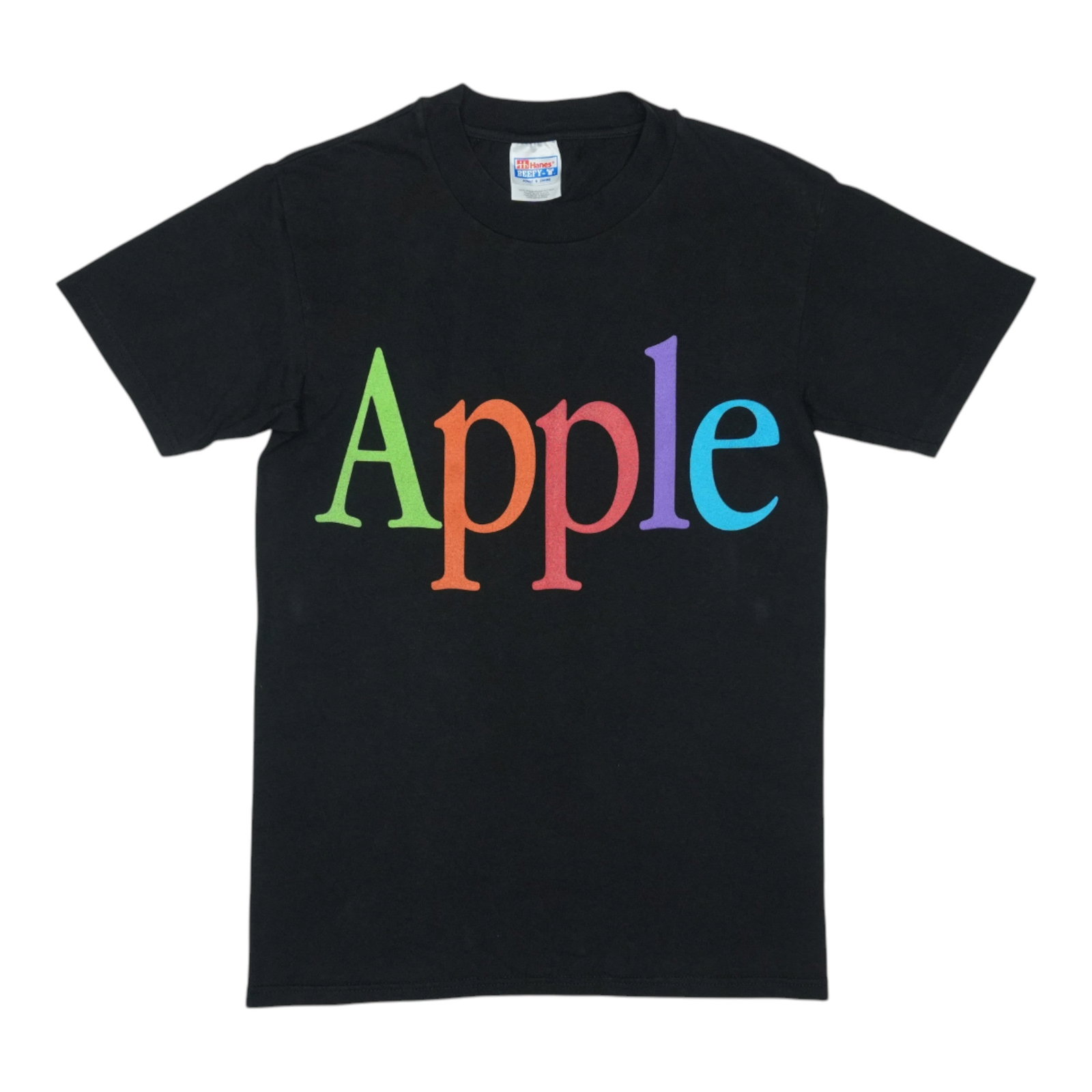 Black 1990s Vintage Apple Logo Cotton T-Shirt Size Small: Black 1990s Vintage Apple Logo Cotton T-Shirt Size Small This is an original vintage Apple shirt from the 1990s, not a modern reproduction. Crafted from 100% cotton, the shirt features a black colorwa