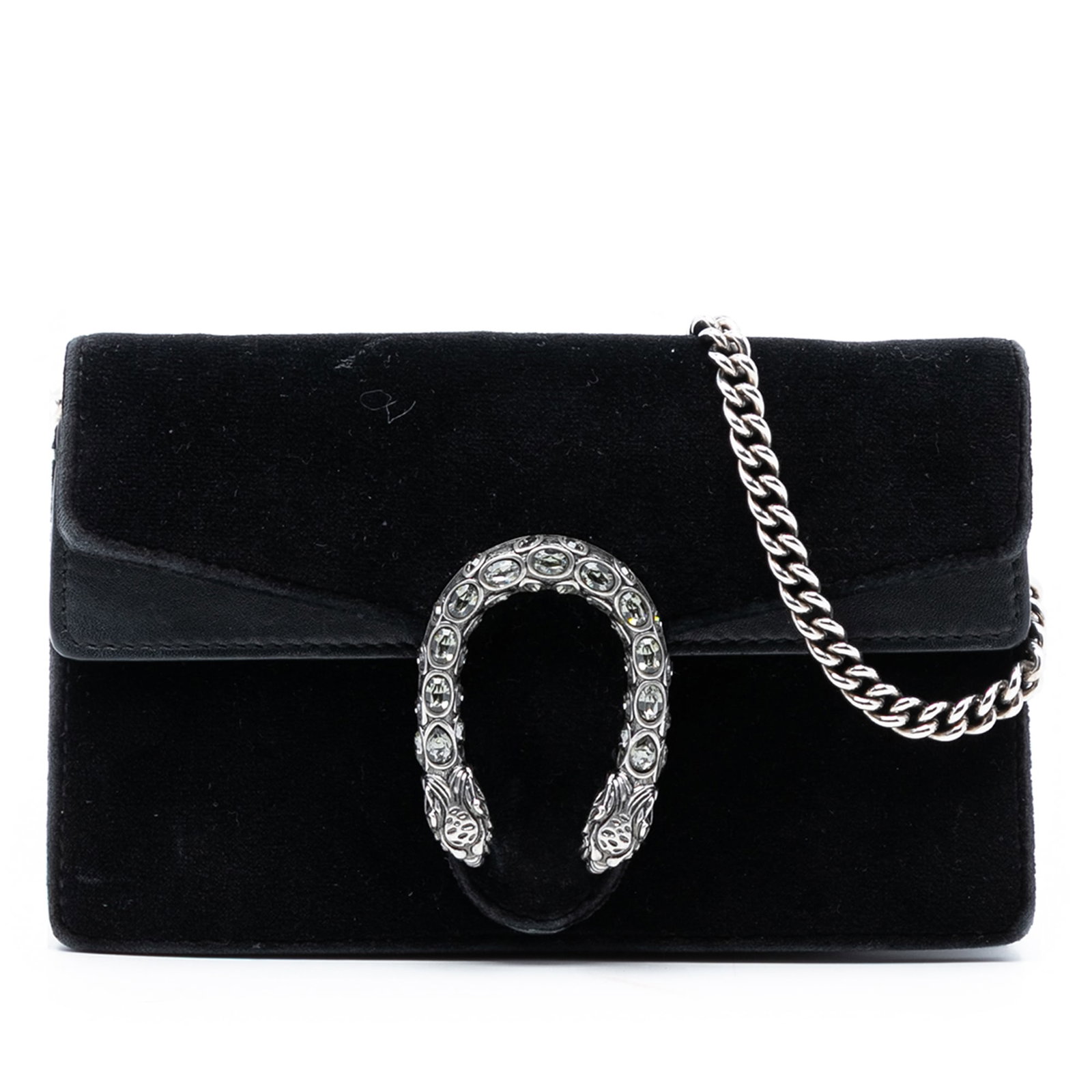 Mini Dionysus Black Velvet Crossbody Bag with Silver Chain by Gucci: Mini Dionysus Black Velvet Crossbody Bag with Silver Chain by Gucci This Gucci Mini Velvet Dionysus Crossbody features a black velvet body with leather trim, a silver-tone chain link strap, and a top 
