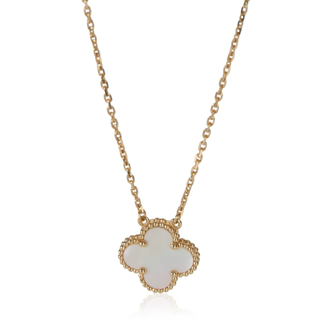 Vintage Alhambra Pendant 18k Yellow Gold With Mother Of Pearl: Vintage Alhambra Pendant 18k Yellow Gold With Mother Of Pearl This Van Cleef & Arpels Vintage Alhambra pendant features a mother of pearl main stone set in 18k yellow gold. The piece includes a 16-inc