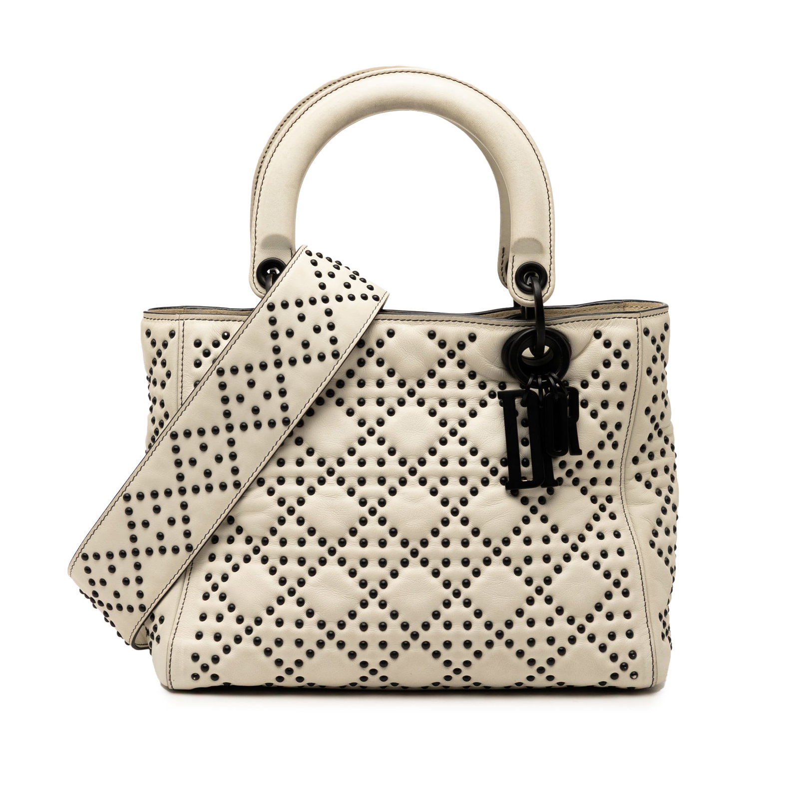 Dior Medium Lambskin Cannage Studded White Lady Dior Satchel: Dior Medium Lambskin Cannage Studded White Lady Dior Satchel This exquisite Medium Lambskin Cannage Studded Supple Lady Dior satchel is crafted from luxurious leather, featuring a stylish studded desi