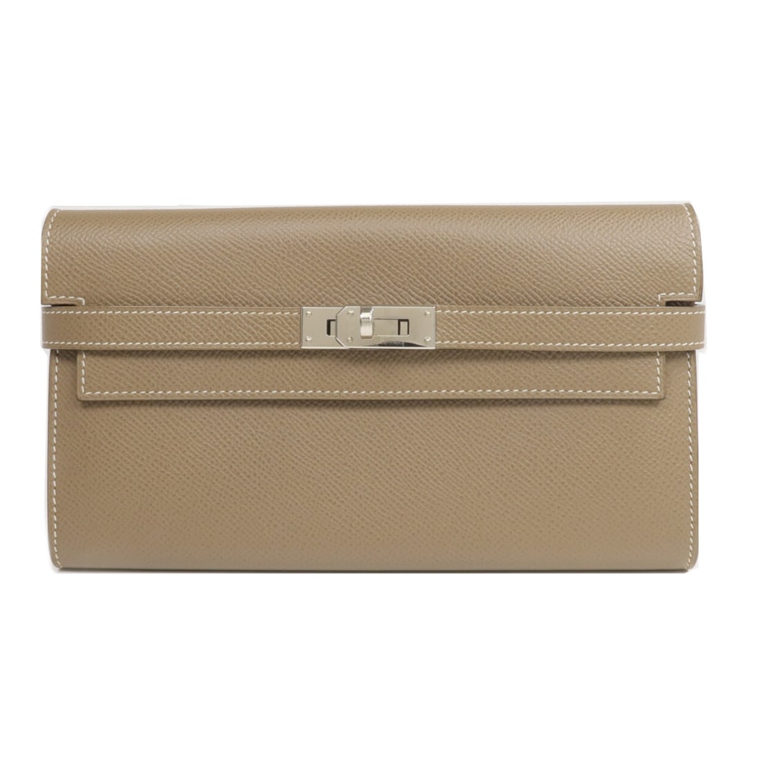 Hermes Kelly bifold wallet Etoupe Epsom leather PHW: Hermes Kelly bifold wallet Etoupe Epsom leather PHW This Hermes Kelly Long Wallet is crafted from Epsom calfskin leather in an elegant gray (Etoupe) color. Designed as a bifold purse, it offers a soph
