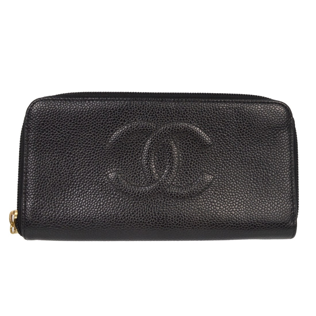 Chanel Zip Wallet in Black Calfskin Leather with Logo Accent: Chanel Zip Wallet in Black Calfskin Leather with Logo Accent This Chanel zip around wallet is crafted from black calfskin leather and features the iconic logo accent. Designed for women, it offers a s