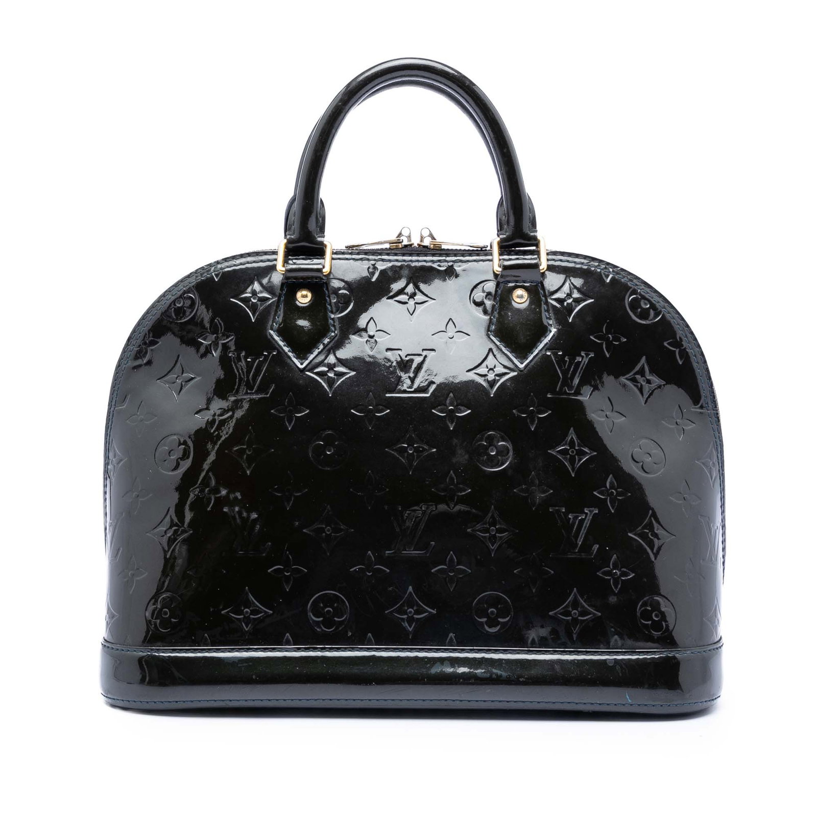 Alma PM Blue Monogram Vernis Leather Handbag by Louis Vuitton: Alma PM Blue Monogram Vernis Leather Handbag by Louis Vuitton This Louis Vuitton Monogram Vernis Alma PM features a glossy monogram vernis leather body in blue, rolled leather handles, a top zip closu