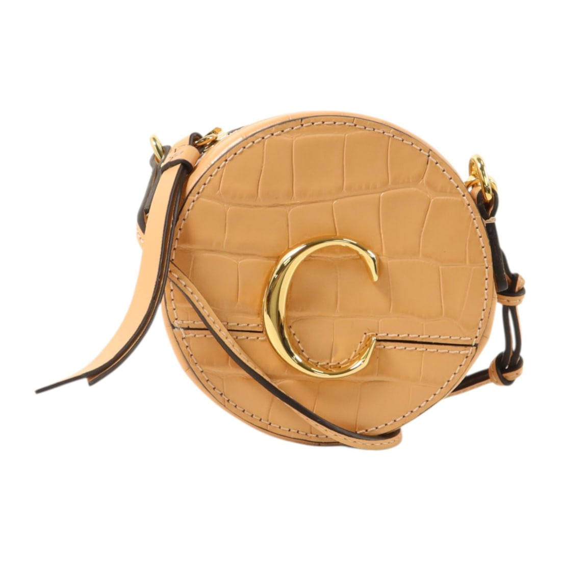 Chloe Mini C Pink Embossed Leather Shoulder Bag with Gold Hardware: Chloe Mini C Pink Embossed Leather Shoulder Bag with Gold Hardware This Chloe C Mini Round shoulder bag features embossed calfskin leather in a stylish pink hue. Designed for women, the bag offers a c