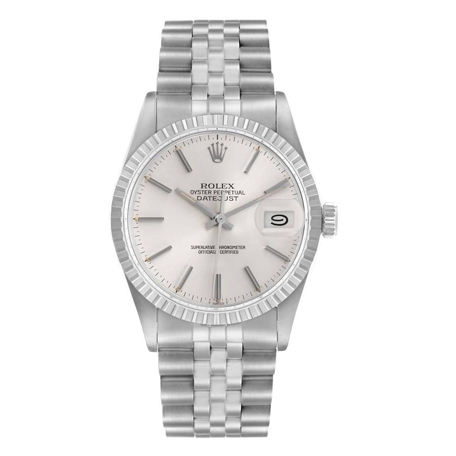 Datejust Ref 16030 Silver Stick Dial D Link Jubilee Bracelet Watch: Datejust Ref 16030 Silver Stick Dial D Link Jubilee Bracelet Watch This Rolex Datejust features a silver stick dial and is equipped with an engine-turned bezel. The watch comes with a D-Link Jubilee b