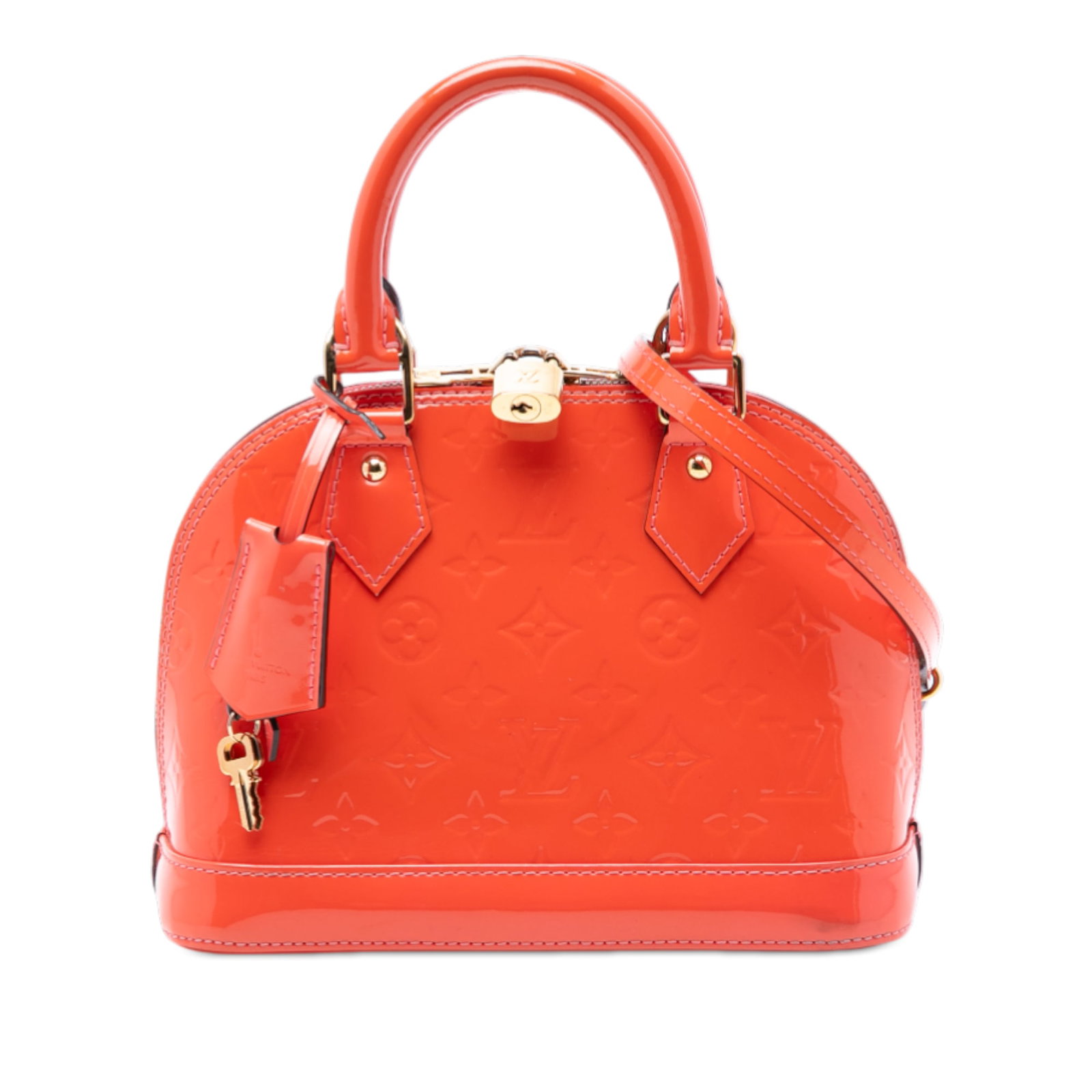 Orange Vernis Leather Alma BB Bag by Louis Vuitton with Detachable Strap: Orange Vernis Leather Alma BB Bag by Louis Vuitton with Detachable Strap This Louis Vuitton Monogram Vernis Alma BB features an orange monogram vernis leather exterior, rolled leather handles, a detac