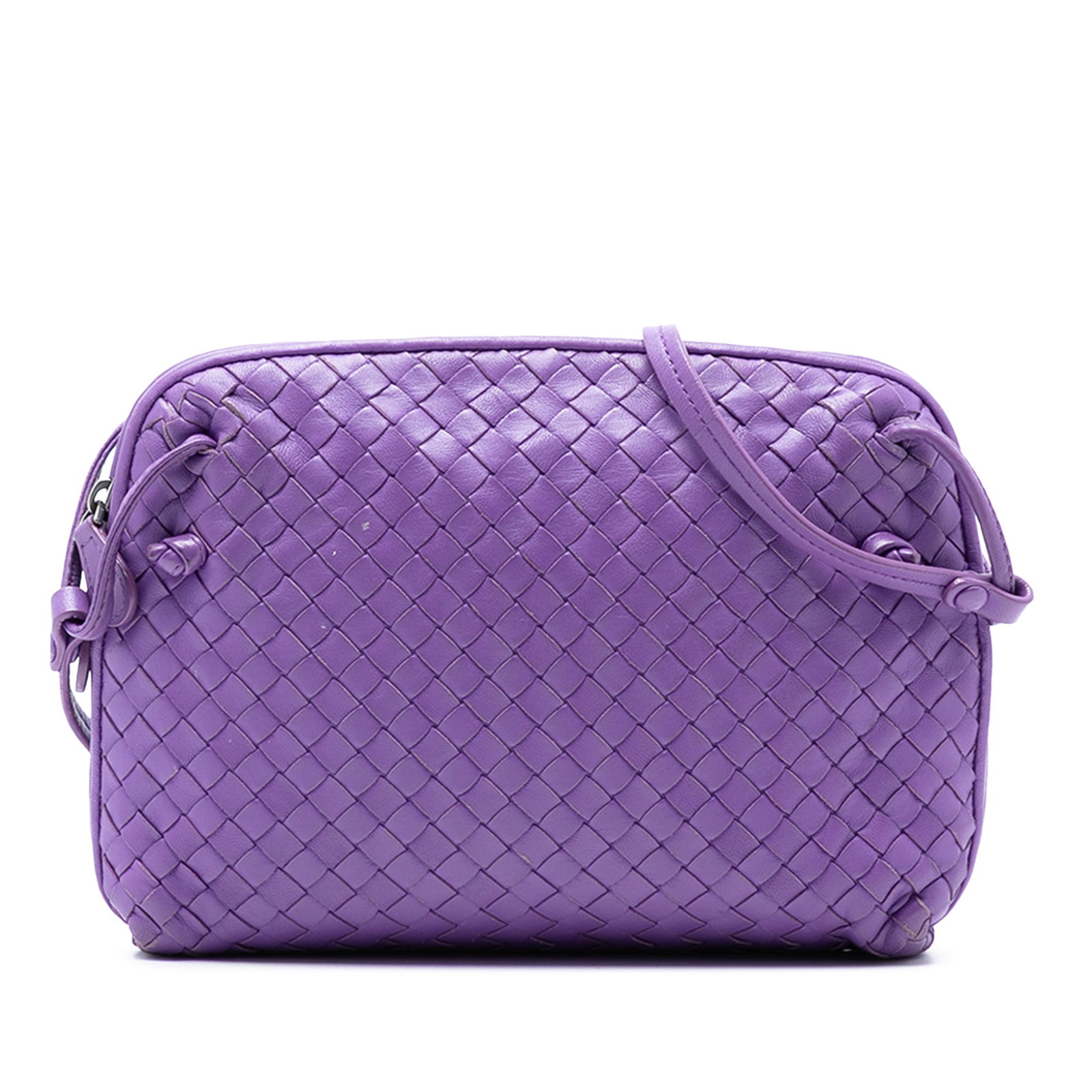 Bottega Veneta Nodini Intrecciato Leather Woven Crossbody Bag: Bottega Veneta Nodini Intrecciato Leather Woven Crossbody Bag This Bottega Veneta Nappa Intrecciato Nodini crossbody bag showcases the brand's signature woven leather design in purple. It features a f