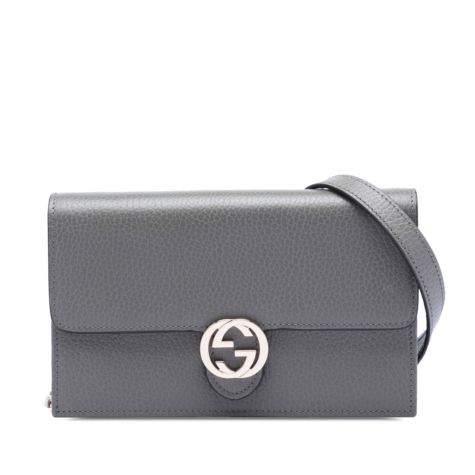 Gucci Interlocking G Gray Leather Wallet with Chain Strap: Gucci Interlocking G Gray Leather Wallet with Chain Strap This Gucci Dollar Calfskin Interlocking G Wallet on Chain features a gray leather body with a flap secured by a magnetic snap closure. It is e