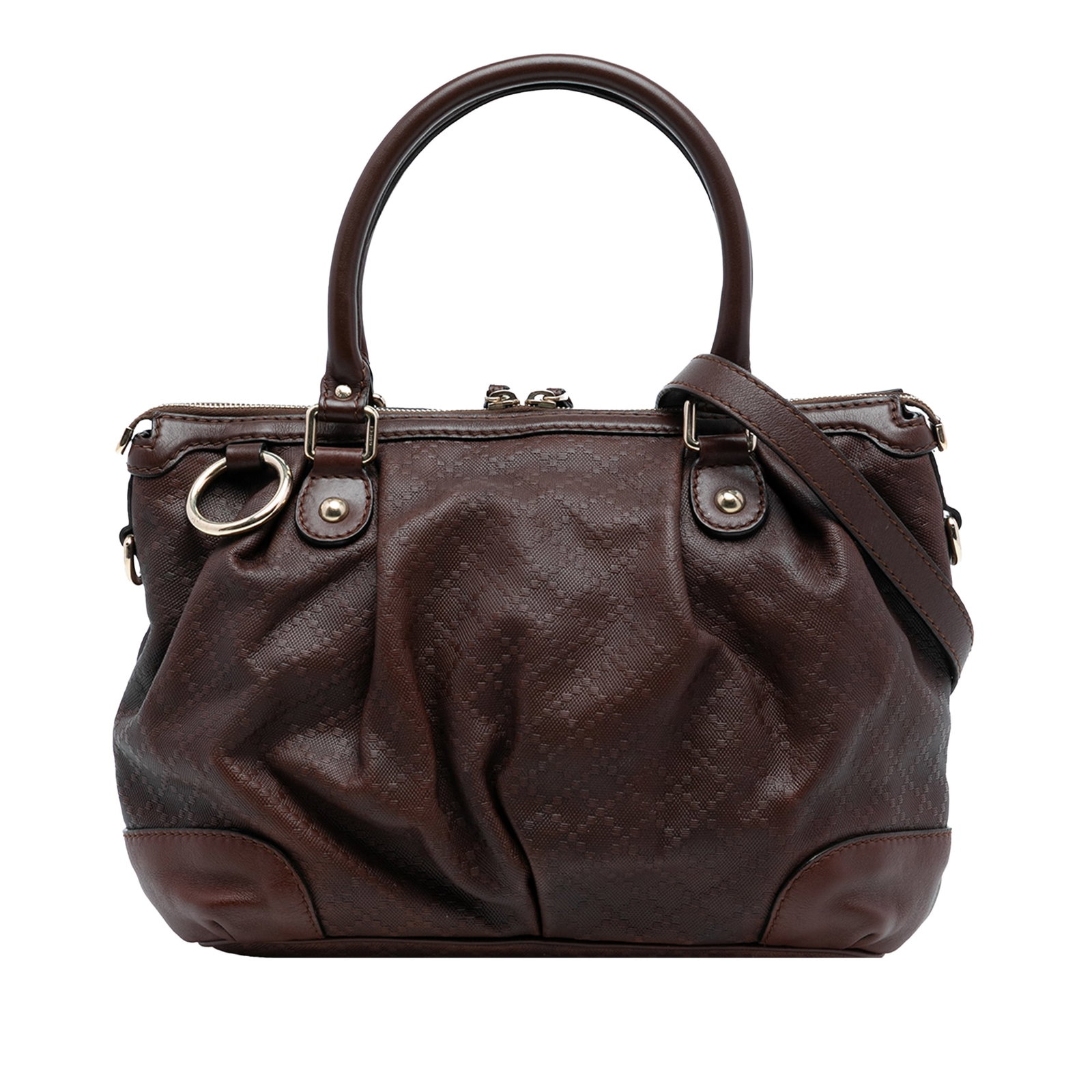 Gucci Sukey Brown Diamante Leather Satchel with Detachable Strap: Gucci Sukey Brown Diamante Leather Satchel with Detachable Strap This Gucci Diamante Calfskin Sukey Satchel features a brown leather body with rolled leather handles and a detachable flat leather stra