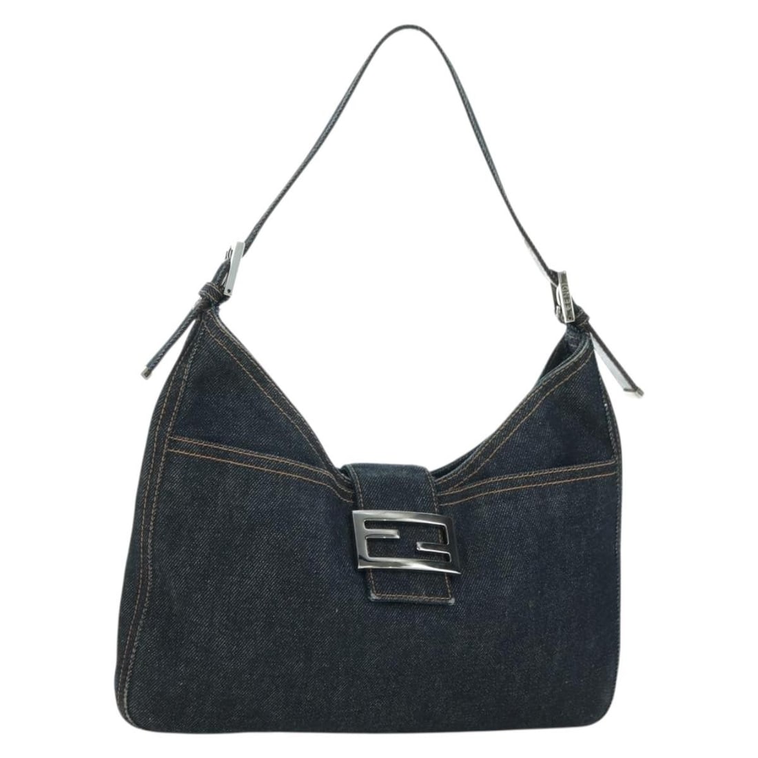 FENDI Mamma Baguette Navy Canvas Shoulder Bag with Strap: FENDI Mamma Baguette Navy Canvas Shoulder Bag with Strap This FENDI Mamma Baguette shoulder bag features a navy and silver canvas exterior with a classic silhouette. Designed for women, the bag is cra