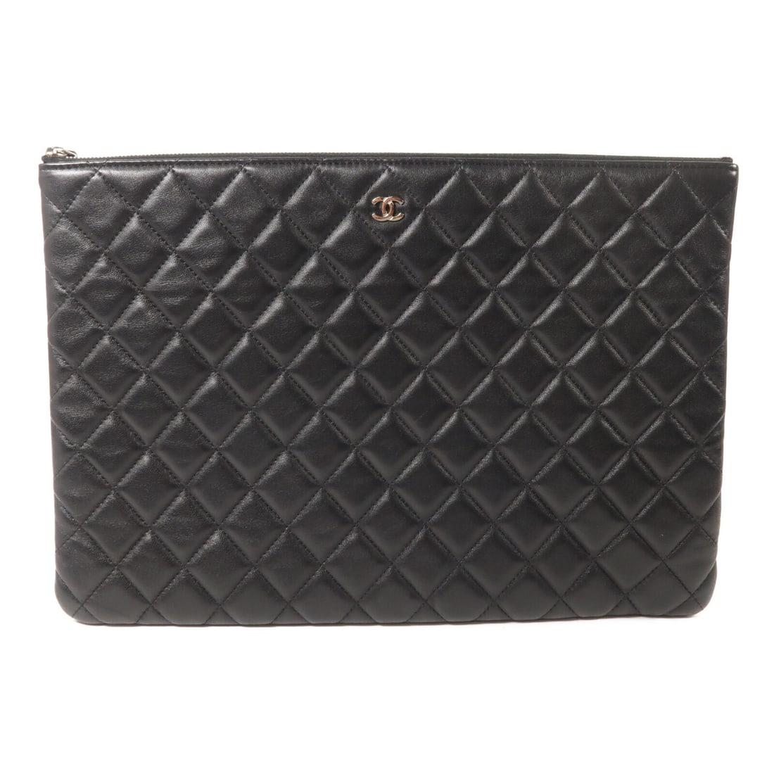Black Lambskin CHANEL Clutch with Silver Tone CC Logo: Black Lambskin CHANEL Clutch with Silver Tone CC Logo This CHANEL clutch bag features luxurious black lambskin leather with a classic CC logo and silver-tone hardware. Designed for unisex use, the clu