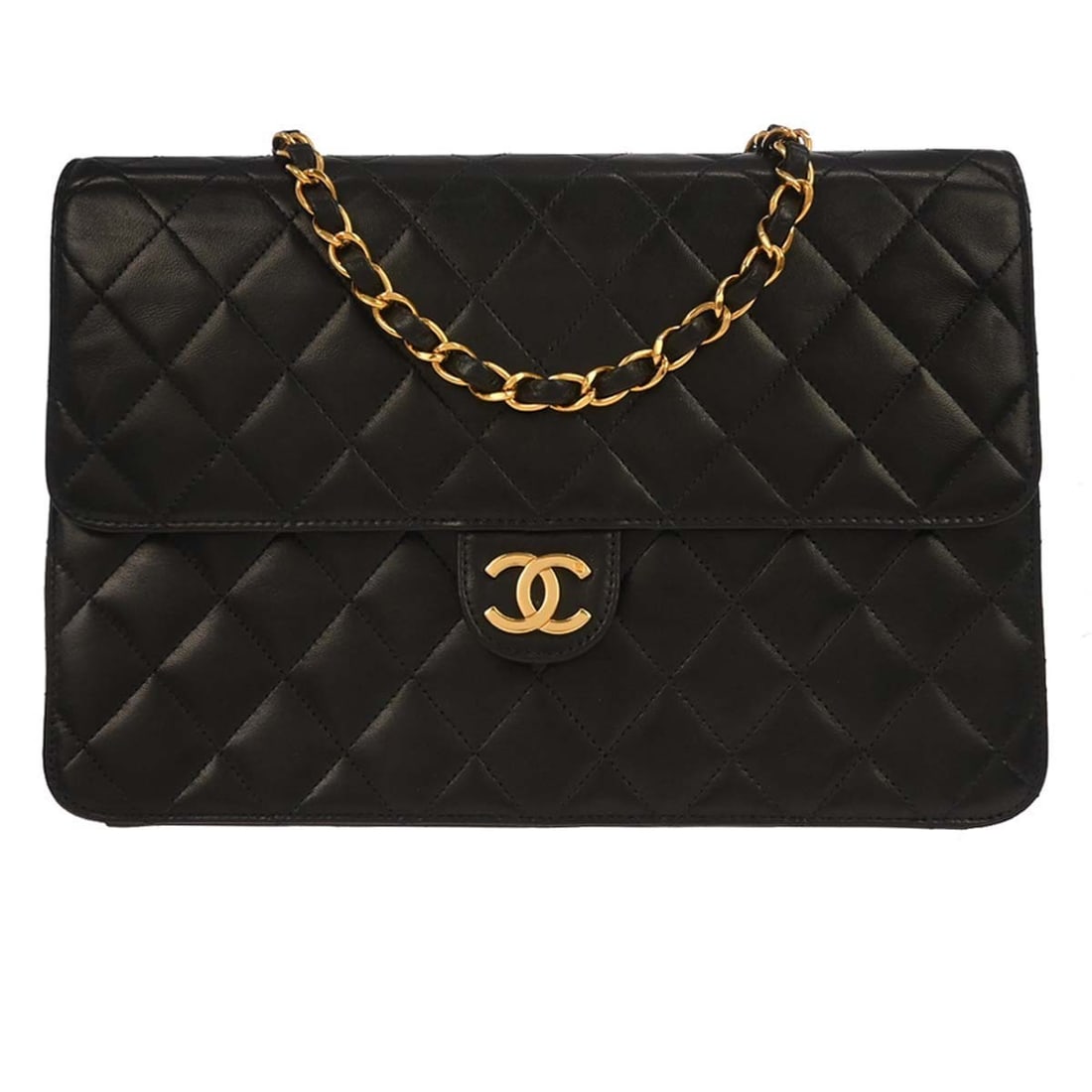 Chanel Classic Single Flap Medium Black Lambskin Shoulder Bag: Chanel Classic Single Flap Medium Black Lambskin Shoulder Bag This Chanel Classic Single Flap shoulder bag is crafted from black lambskin leather and features a medium-sized silhouette with a pushlock