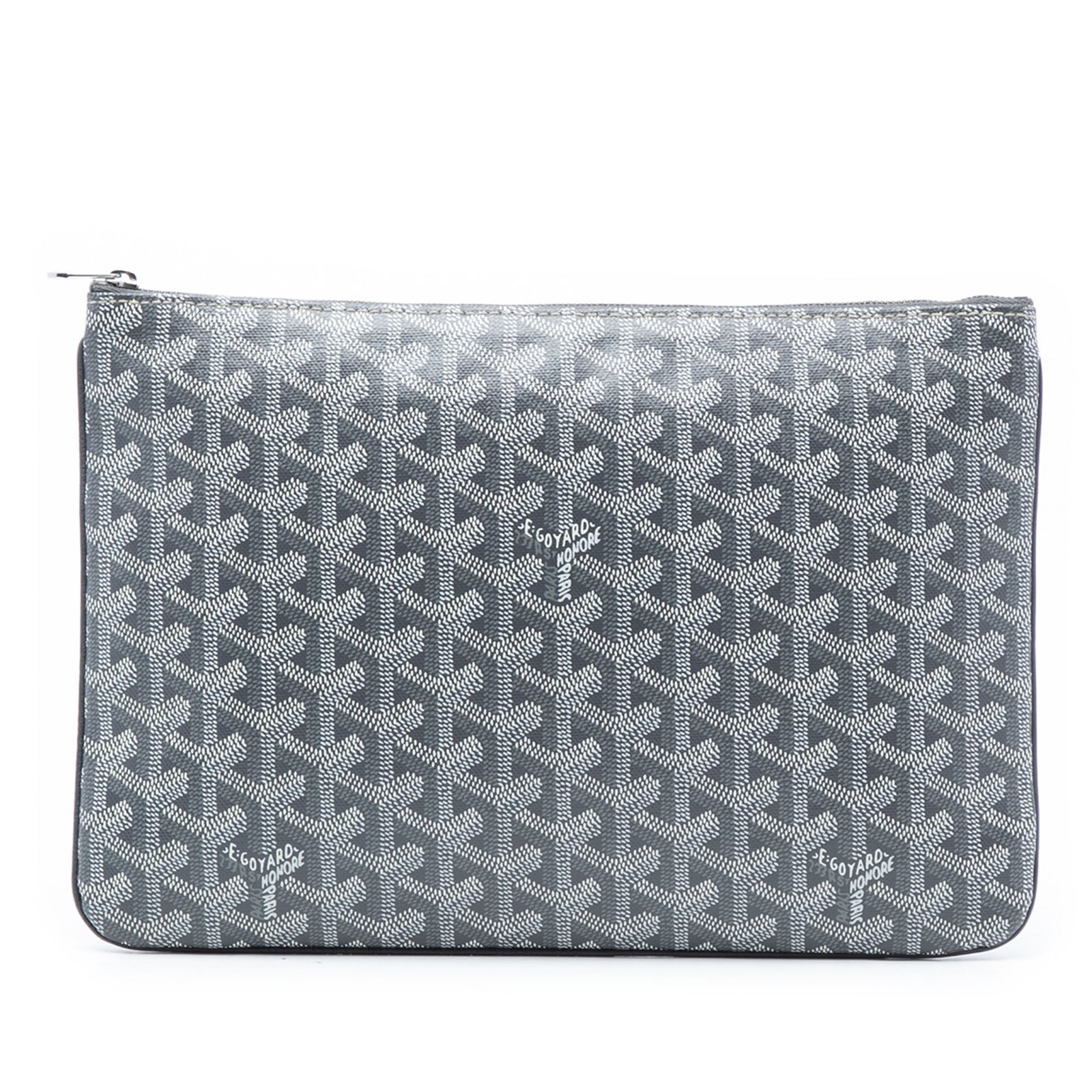 Goyard Goyardine Senat MM gray coated canvas pouch with zip closure: Goyard Goyardine Senat MM gray coated canvas pouch with zip closure This Goyardine Senat MM pouch features a coated canvas body, a top zip closure, and an interior slip pocket. The exterior bottom is 