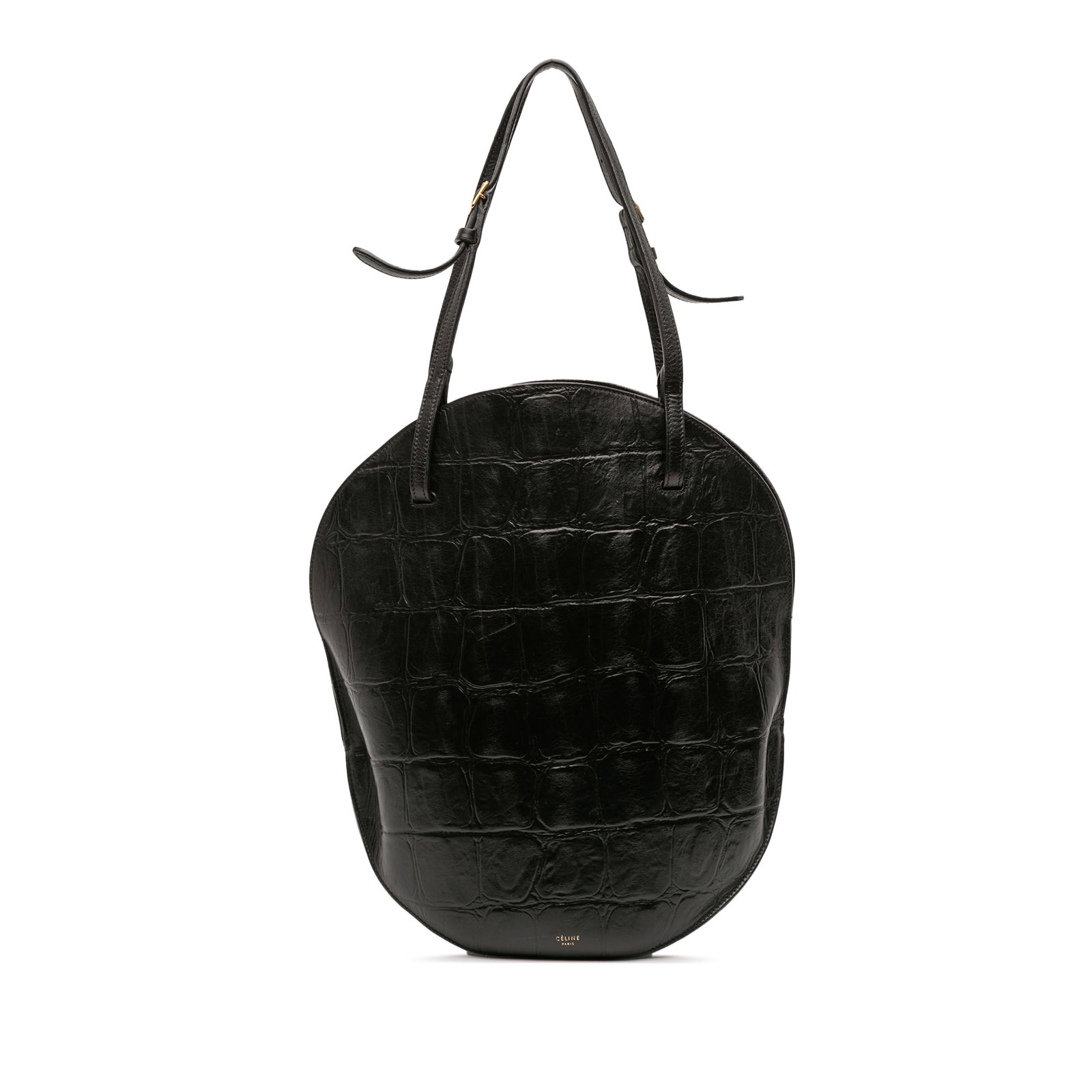 Celine Croc Embossed Curved Black Leather Shoulder Bag: Celine Croc Embossed Curved Black Leather Shoulder Bag This Celine shoulder bag features a croc-embossed leather body in black with a curved silhouette. It includes an adjustable flat leather strap, a