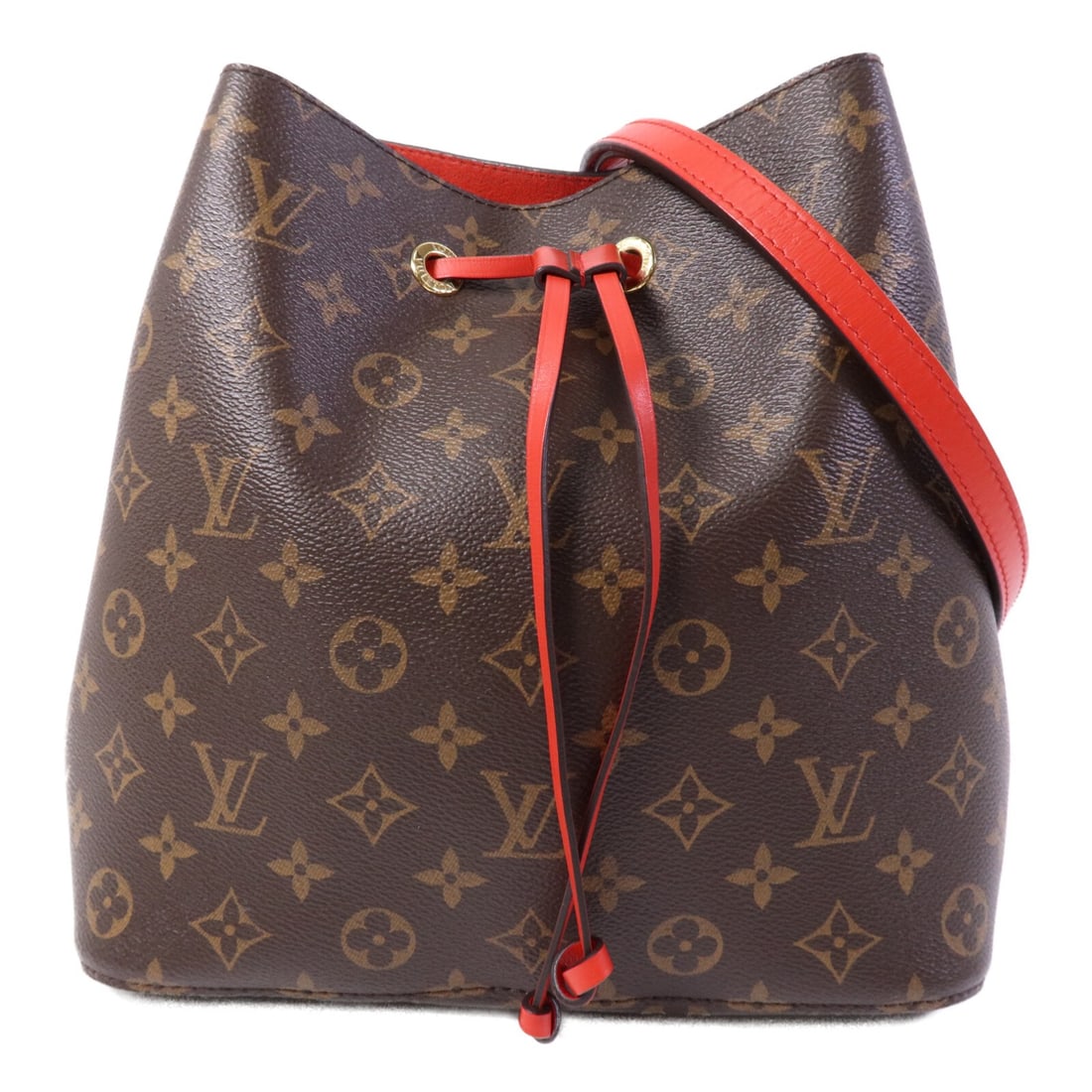 Louis Vuitton Neo Noe Monogram Shoulder Bag with Red Accents M44021: Louis Vuitton Neo Noe Monogram Shoulder Bag with Red Accents M44021 This Louis Vuitton Neo Noe bucket bag features a distinctive monogram PVC coated canvas exterior in red. Designed as a shoulder hand