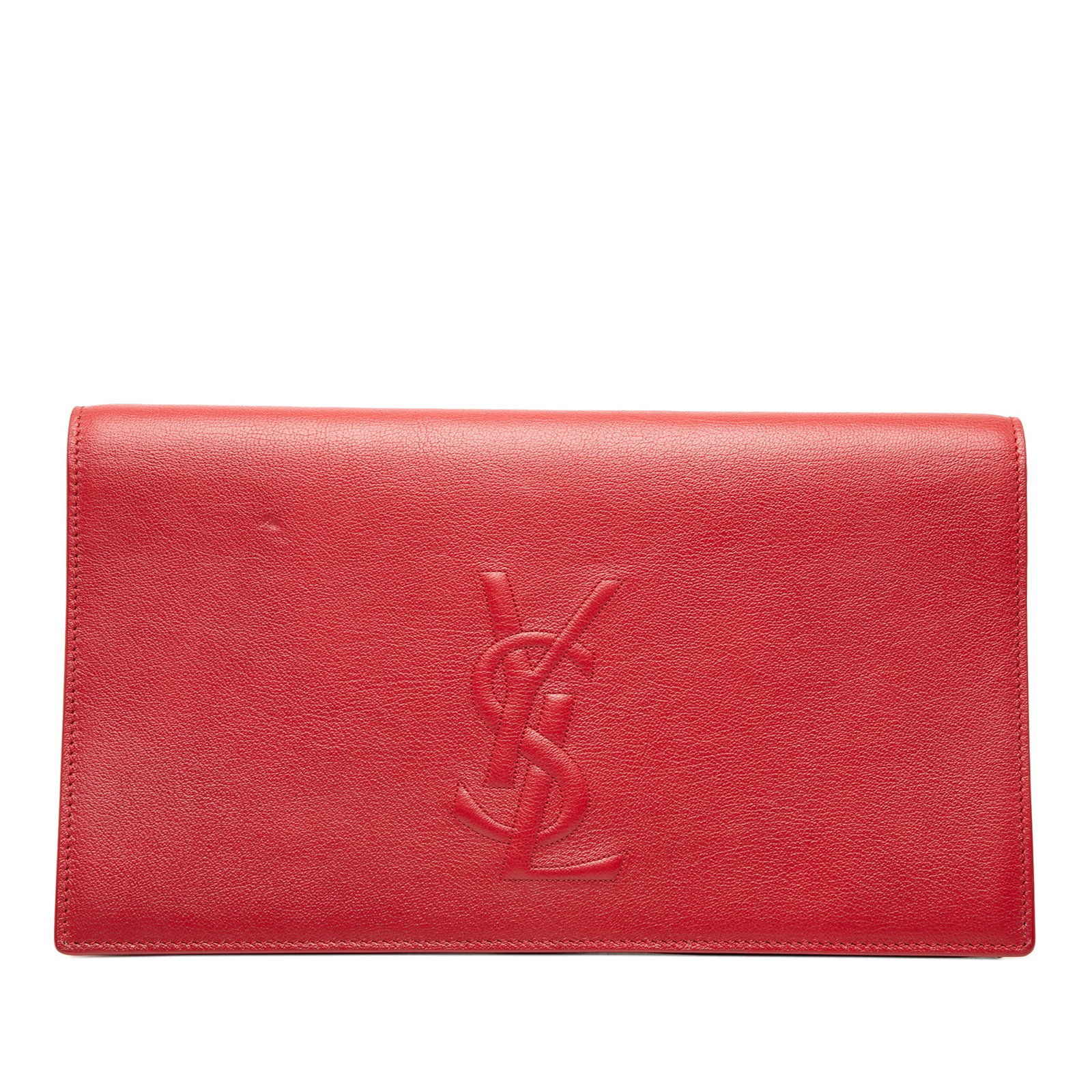 Red Leather Belle de Jour Large Clutch by Saint Laurent: Red Leather Belle de Jour Large Clutch by Saint Laurent The Saint Laurent Large Leather Belle de Jour Clutch features a red leather body with a front flap and magnetic snap closure. The interior inclu