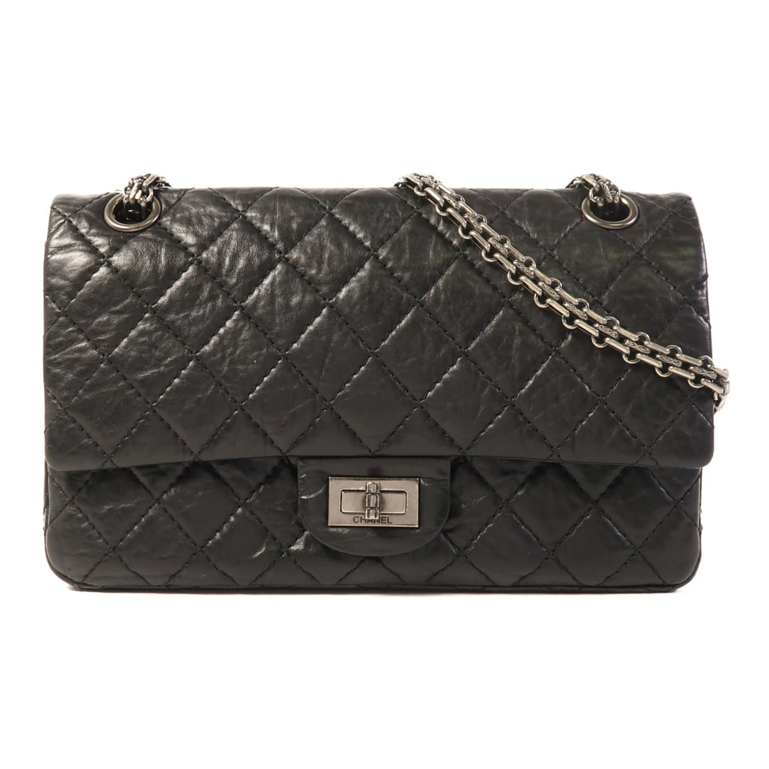 CHANEL 2.55 Black Calfskin Leather Chain Shoulder Bag: CHANEL 2.55 Black Calfskin Leather Chain Shoulder Bag This elegant CHANEL 2.55 Chain Shoulder Bag is crafted from premium black calfskin leather, exuding timeless sophistication. Designed for versatil