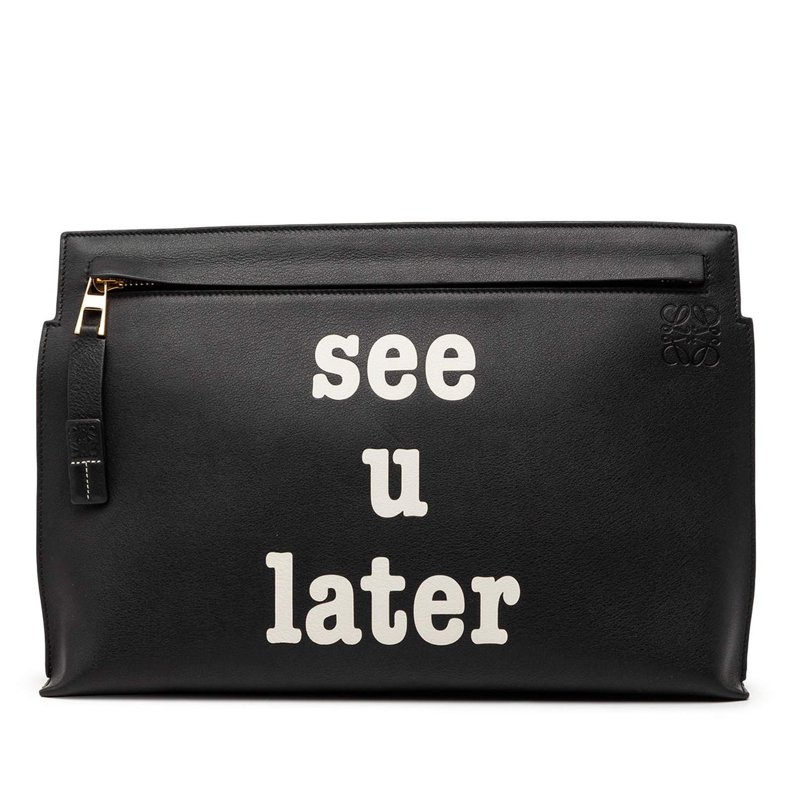 Black Calf Leather Clutch with Anagram Motif by Loewe: Black Calf Leather Clutch with Anagram Motif by Loewe This LOEWE Calfskin Anagram See U Later T Pouch is crafted from black calf leather and features a front zip closure and an interior slip pocket. T