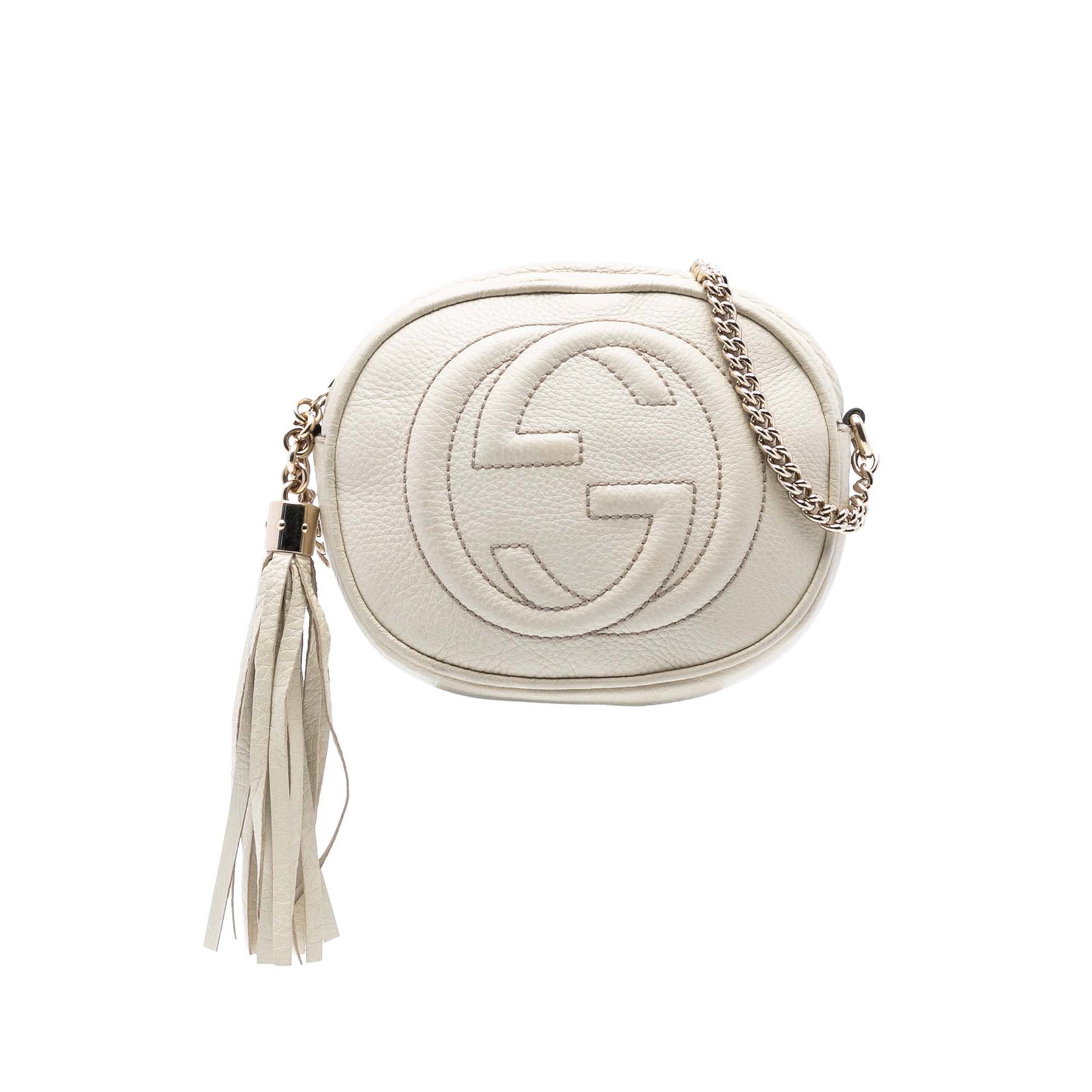 Gucci Mini Soho Calfskin Crossbody White Leather Bag: Gucci Mini Soho Calfskin Crossbody White Leather Bag The Gucci Mini Pebbled Calfskin Soho Chain Crossbody bag is a chic and stylish accessory, crafted from high-quality leather. It features a unique t