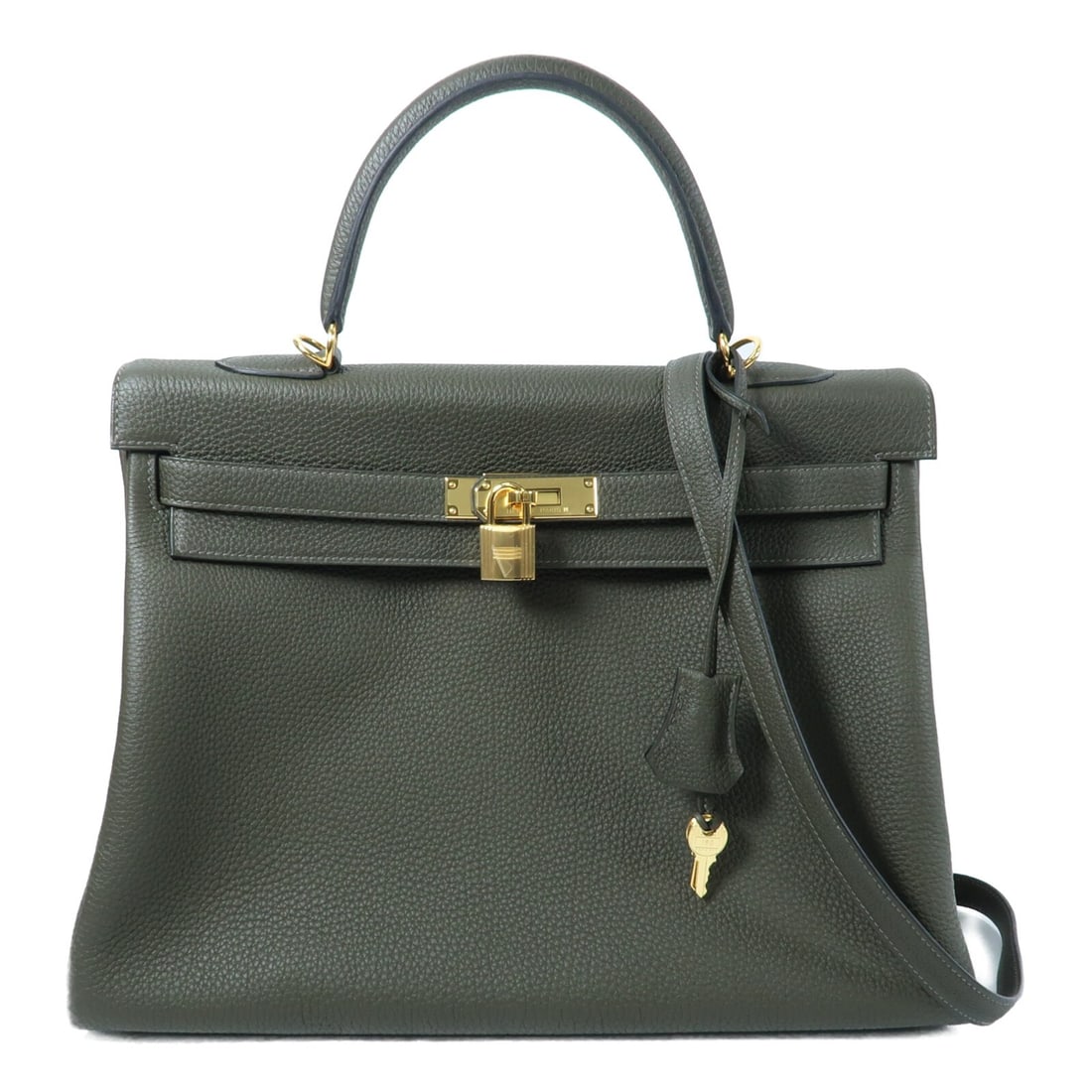 Hermes Kelly 35 Taurillon Clemence Vert Olive Shoulder and Handbag Gold Hardware: Hermes Kelly 35 Taurillon Clemence Vert Olive Shoulder and Handbag Gold Hardware This HERMES Kelly 35 is a versatile 2-way shoulder bag crafted from Taurillon Clemence calfskin leather in a sophistica