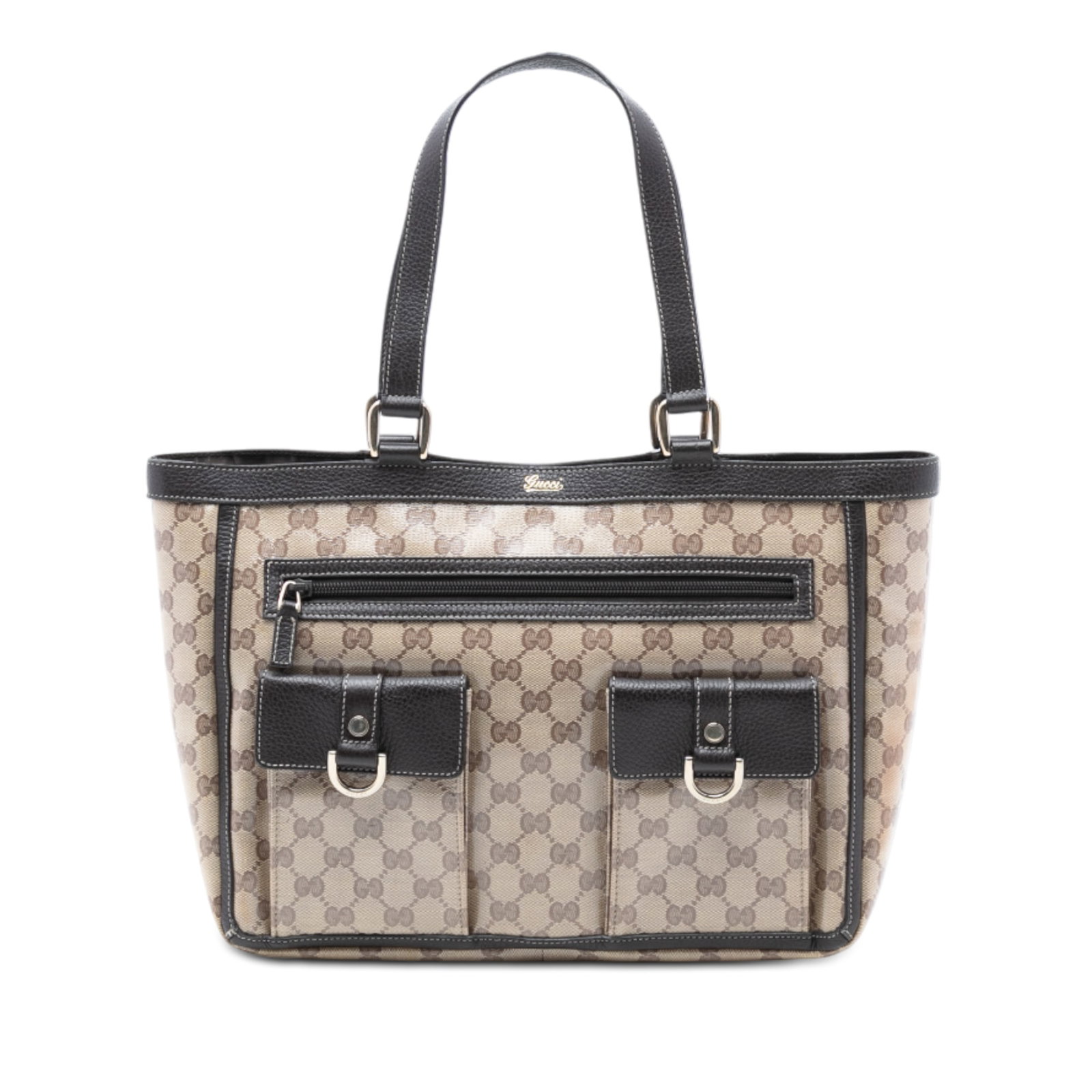Gucci Abbey D Ring Tote Bag with GG Crystal Canvas and Leather Trim: Gucci Abbey D Ring Tote Bag with GG Crystal Canvas and Leather Trim This Gucci GG Crystal Abbey D Ring Tote features a coated canvas body with leather trim, flat leather straps, exterior front zip and