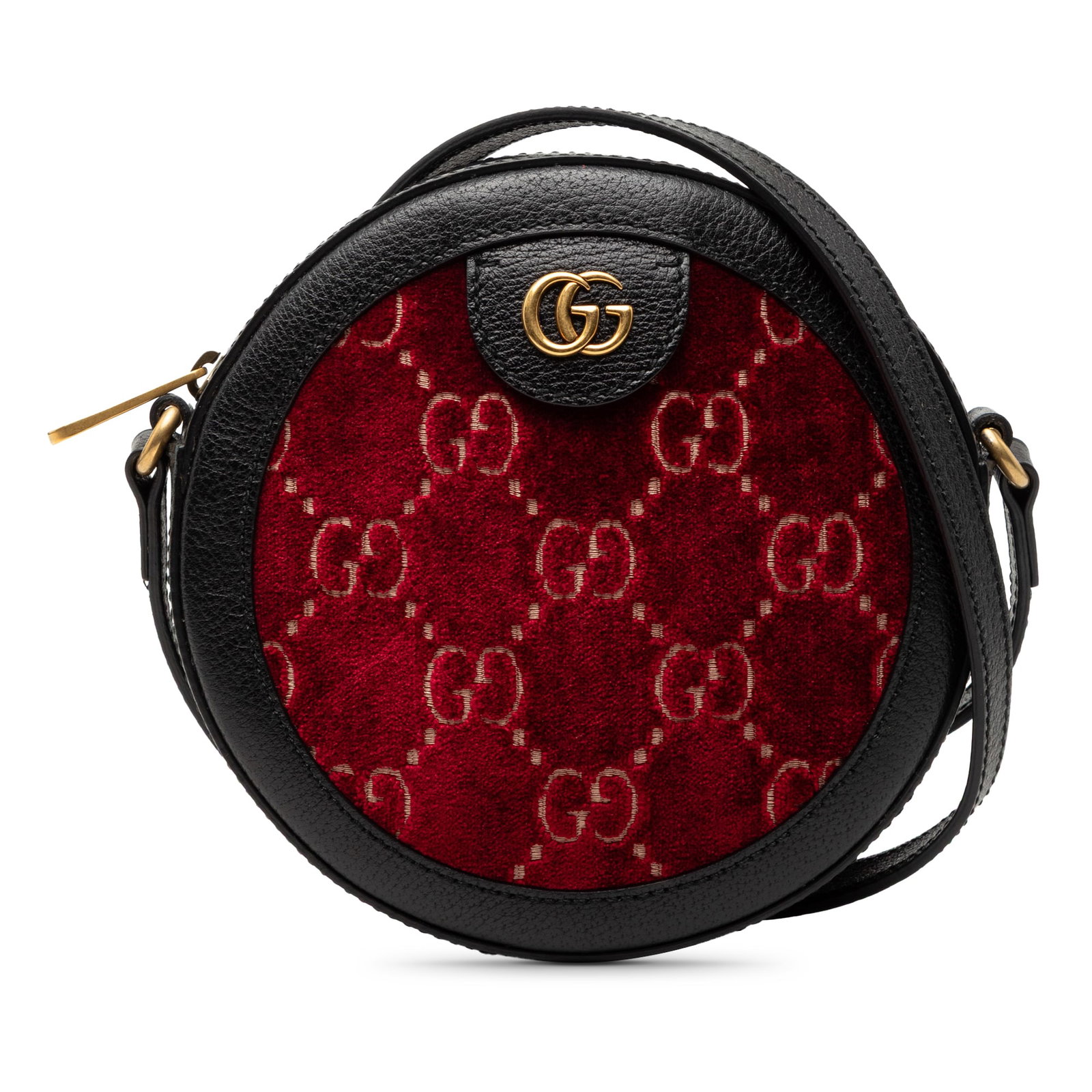 Red Velvet GG Marmont Round Crossbody Bag by Gucci: Red Velvet GG Marmont Round Crossbody Bag by Gucci This Gucci GG Marmont Velvet Round Crossbody bag features a red velvet body with leather trim, a flat strap, and a top zip closure. The bag shows sig