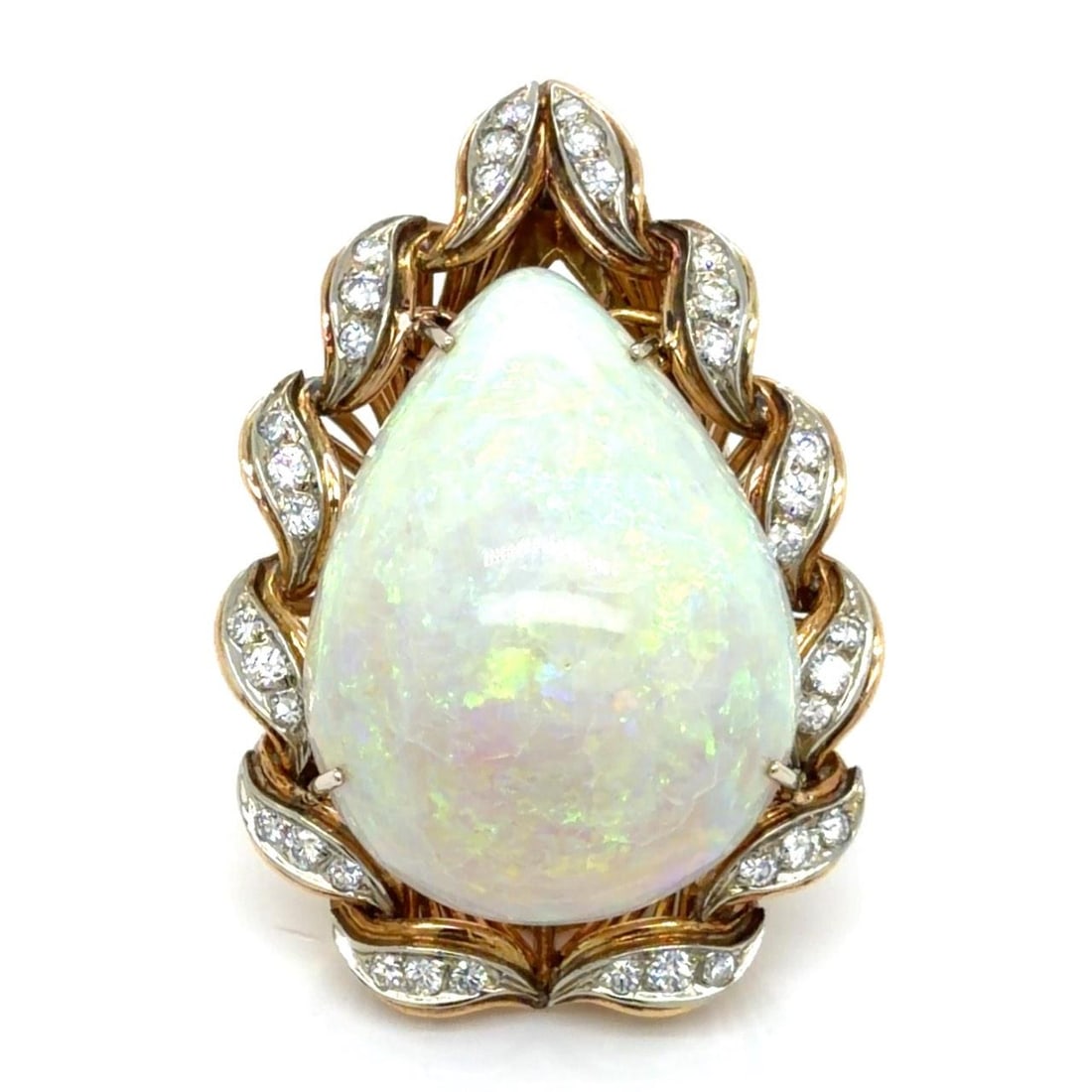 Opal and Diamond Ring in 18K Yellow Gold with 48.36 Carat Center Stone: Opal and Diamond Ring in 18K Yellow Gold with 48.36 Carat Center Stone This ring features a 48.36 carat opal set in 18K yellow gold, accented by 36 diamonds with a total weight of approximately 1.40 c