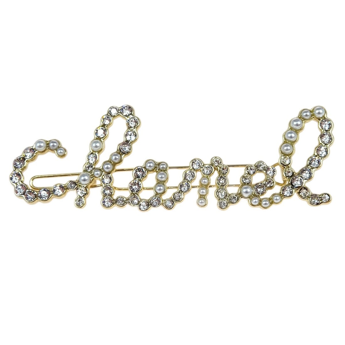 Chanel B19K Gold Plated Barrette with Pearls and Rhinestones: Chanel B19K Gold Plated Barrette with Pearls and Rhinestones This Chanel barrette features a gold-plated finish and is embellished with artificial pearls and rhinestones for an elegant touch. Made in 