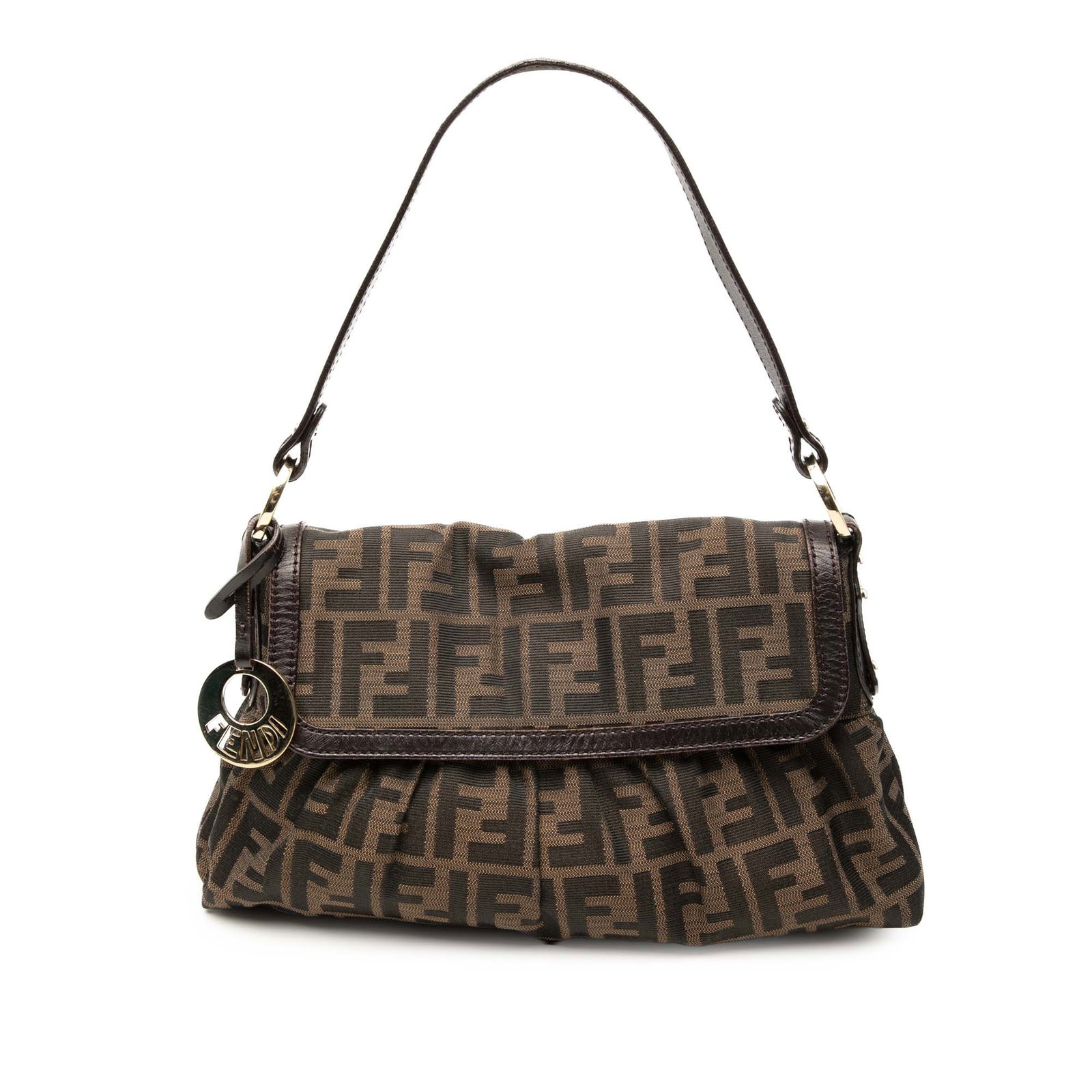 Fendi Chef Flap Small Brown Canvas Shoulder Bag with Leather Trim: Fendi Chef Flap Small Brown Canvas Shoulder Bag with Leather Trim This Fendi Small Zucca Canvas Chef Flap bag features a classic canvas body with leather trim, a flat leather strap, a front flap with 