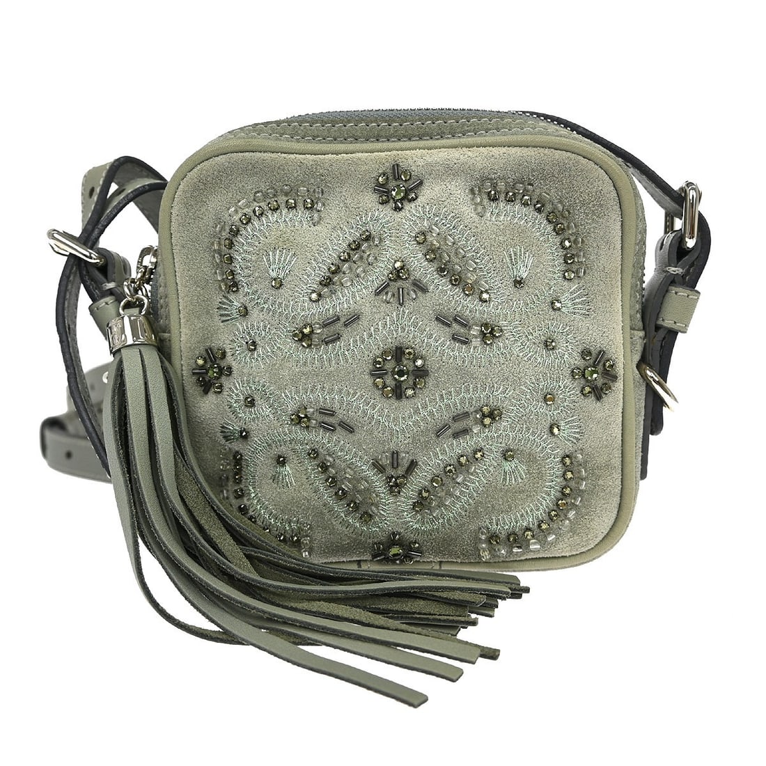 Gray Suede Medium Shoulder Bag by Loewe for Women: Gray Suede Medium Shoulder Bag by Loewe for Women This Loewe gray suede shoulder bag features a medium-sized design with a gray leather shoulder strap. The bag is crafted from high-quality suede and o