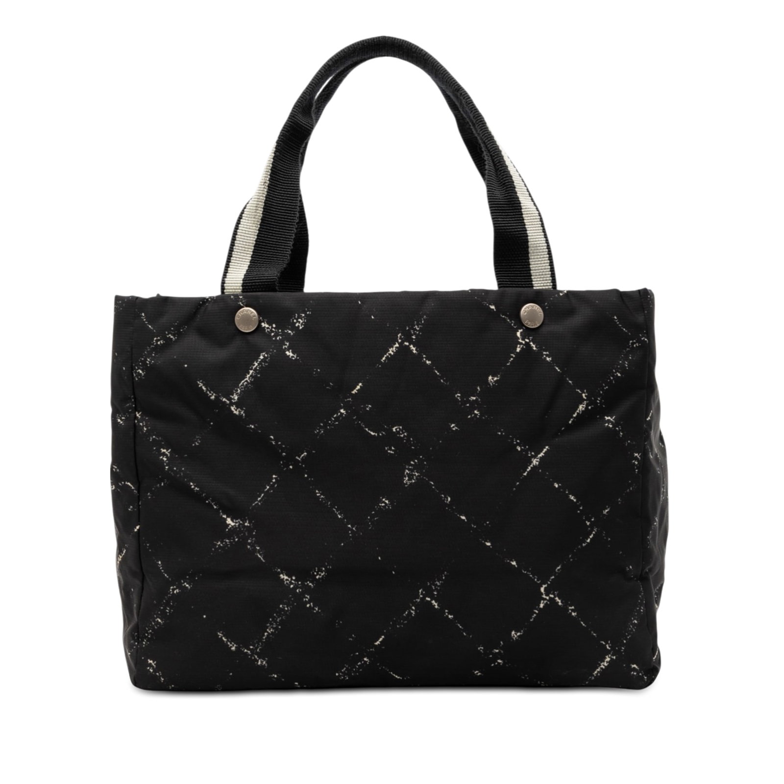 Chanel Old Travel Line Black Nylon Tote Bag with Canvas Straps: Chanel Old Travel Line Black Nylon Tote Bag with Canvas Straps This Chanel Old Travel Line Nylon Tote features a black nylon body with flat canvas straps, an open top, and interior zip pockets. The ba