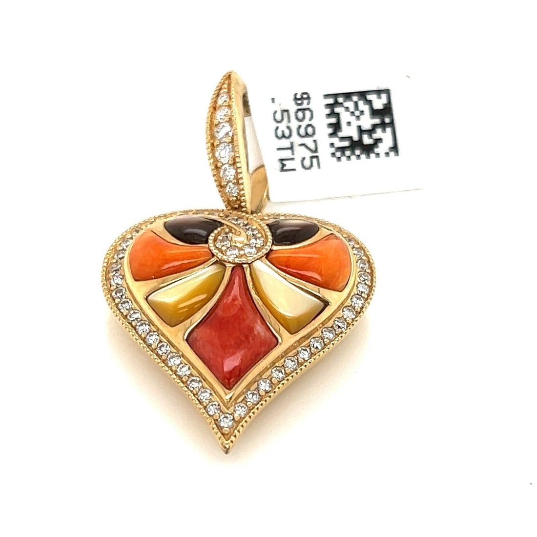 Kabana 14k Yellow Gold Heart Pendant with Diamond Spiny Oyster MOP: Kabana 14k Yellow Gold Heart Pendant with Diamond Spiny Oyster MOP This authentic Kabana heart charm pendant showcases exquisite craftsmanship in solid 14k yellow gold. The pendant features a heart de