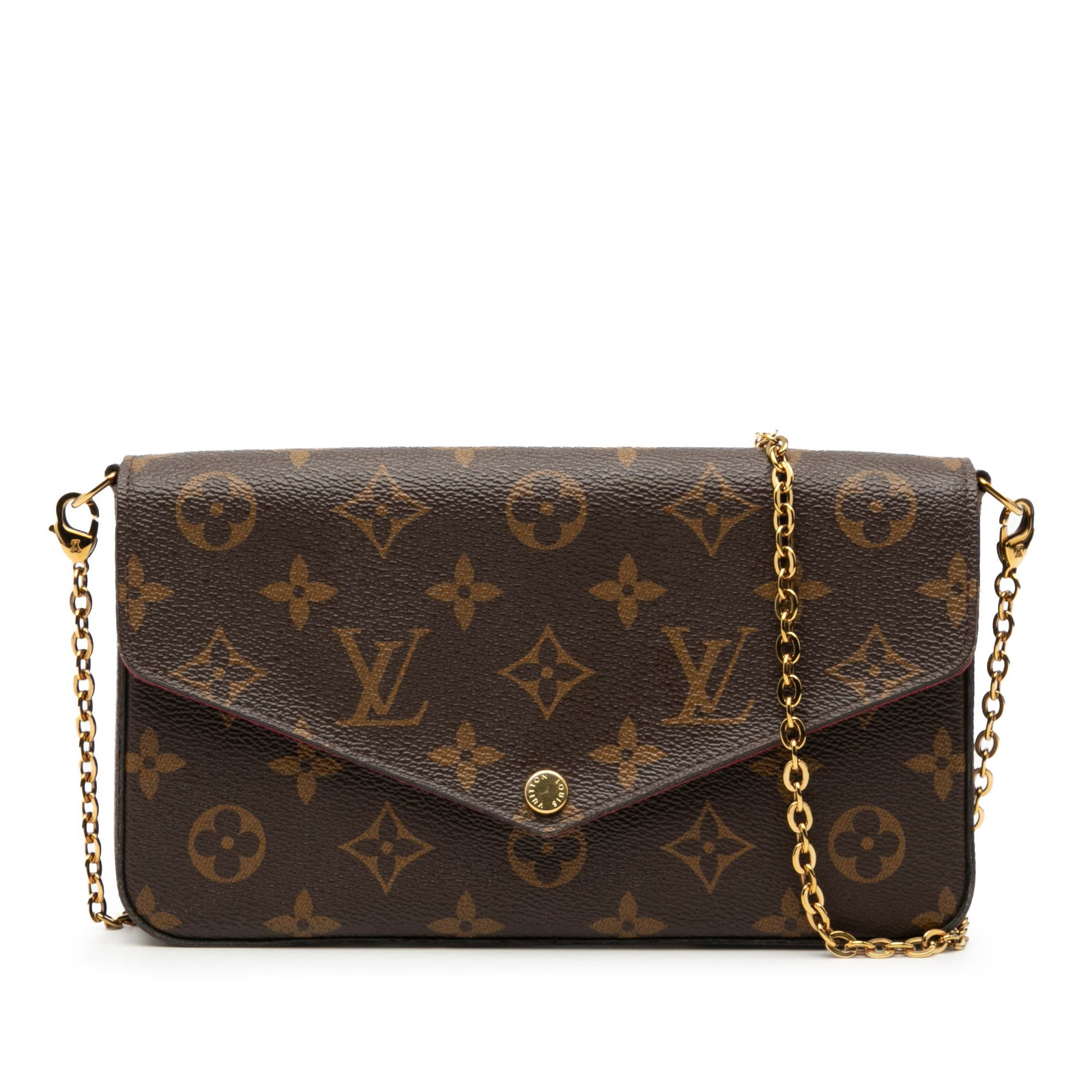 Louis Vuitton Felicie Monogram Canvas Crossbody with Gold Tone Chain Strap: Louis Vuitton Felicie Monogram Canvas Crossbody with Gold Tone Chain Strap The Pochette Felicie crossbody bag features a monogram canvas body and a detachable gold-tone chain link shoulder strap. It i
