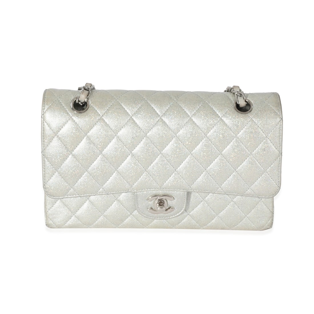 Chanel Medium Metallic Silver Caviar Leather Classic Double Flap Bag with Box: Chanel Medium Metallic Silver Caviar Leather Classic Double Flap Bag with Box This Chanel 21K Glitter Caviar Medium Classic Double Flap Handbag features metallic silver caviar leather with a silver-to