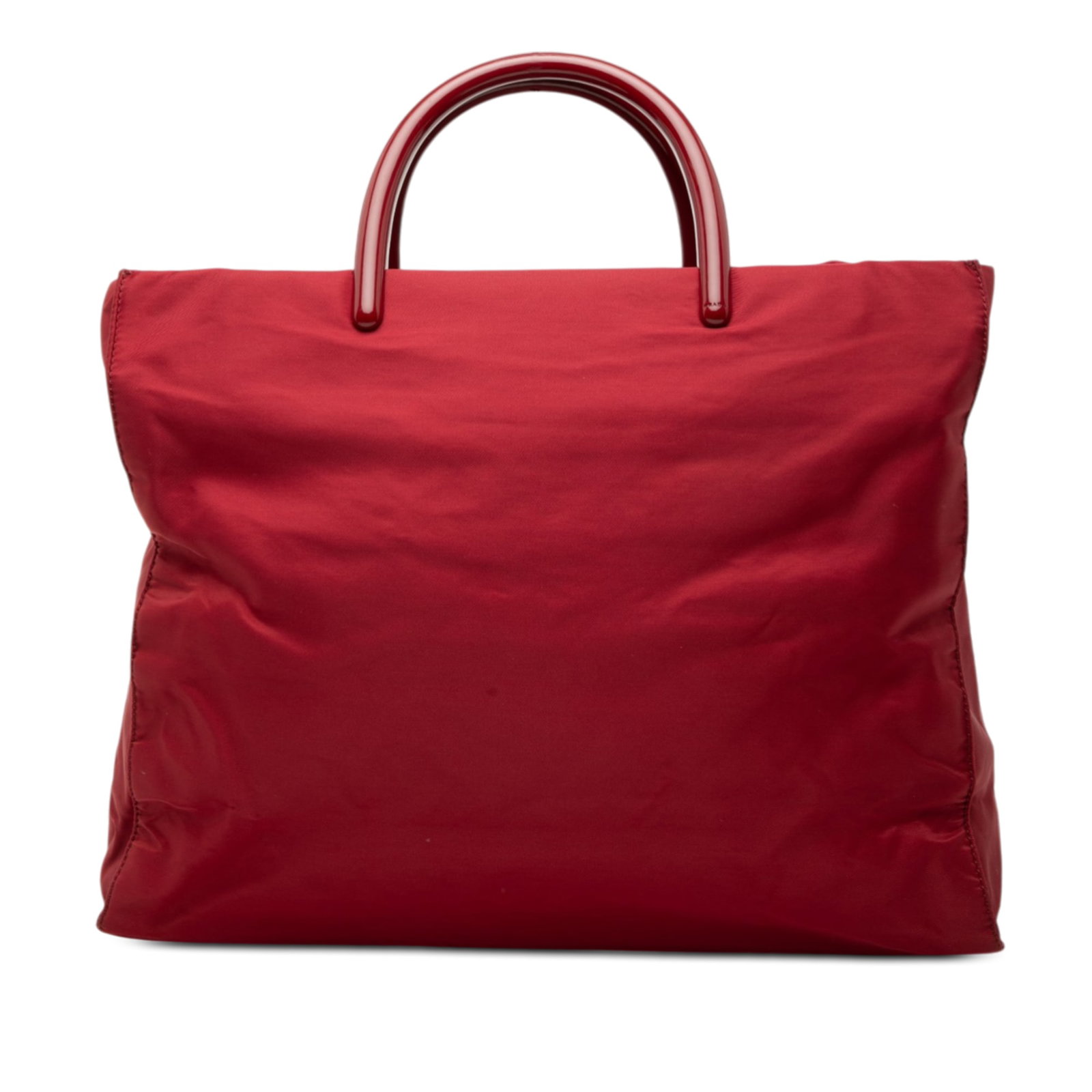 Red Fabric Prada Tessuto Tote Bag with Rolled Acrylic Handles: Red Fabric Prada Tessuto Tote Bag with Rolled Acrylic Handles This Prada Tessuto Tote is crafted from durable red nylon and features rolled acrylic handles. It offers a fold-over flap with touch faste