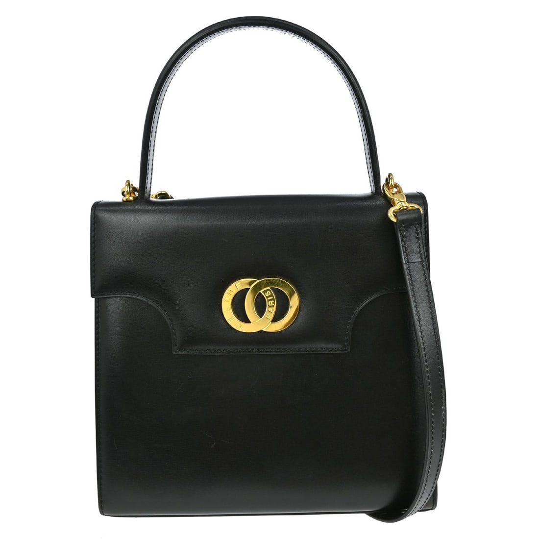 Celine Black Leather Medium Top Handle Bag with Logo Accent: Celine Black Leather Medium Top Handle Bag with Logo Accent This Celine 2-way handbag is a stylish and versatile accessory perfect for casual occasions. Crafted from high-quality leather, the bag feat