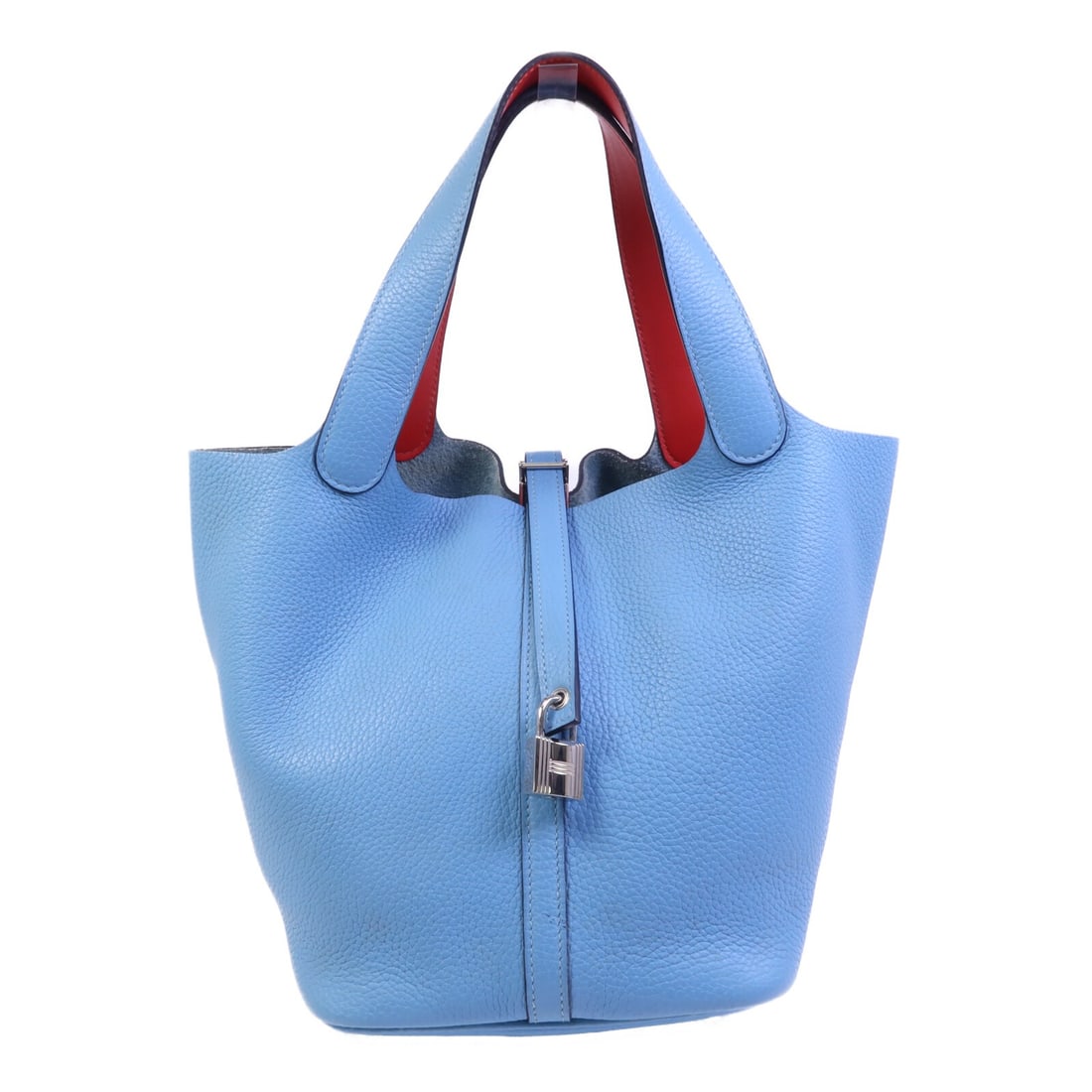 Hermes Picotin MM Blue Calfskin Handbag with Palladium Hardware: Hermes Picotin MM Blue Calfskin Handbag with Palladium Hardware This Hermes Picotin MM handbag is crafted from Taurillon Clemence calfskin in a striking Bleu Atoll shade with Rouge De Coeur accents. D