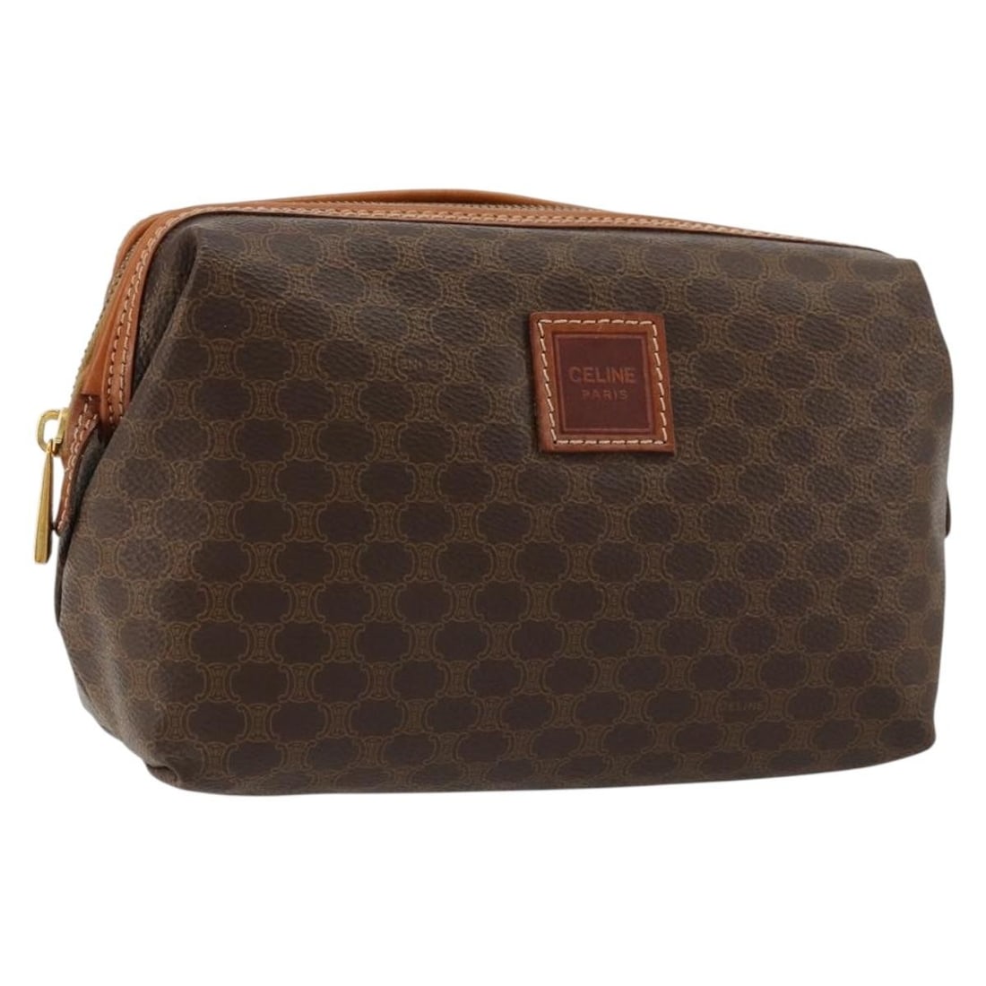 CELINE Macadam Canvas Brown Gold Pouch 7.9 x 5.1 x 3.1 inch: CELINE Macadam Canvas Brown Gold Pouch 7.9 x 5.1 x 3.1 inch This CELINE pouch features the iconic Macadam canvas combined with PVC leather in a brown and gold color scheme. Designed for women, it offe