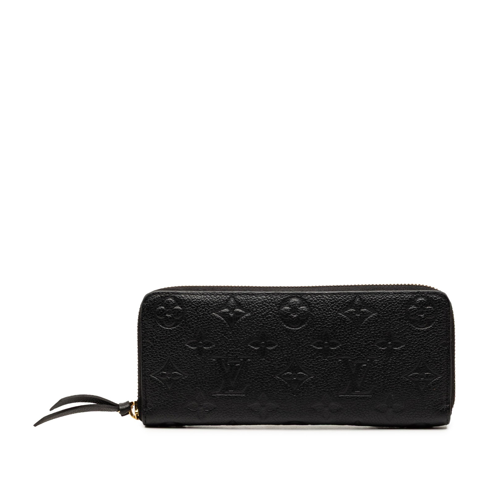 Louis Vuitton Clemence Zip Wallet in Black Monogram Empreinte Leather: Louis Vuitton Clemence Zip Wallet in Black Monogram Empreinte Leather This Louis Vuitton Monogram Empreinte Clemence Wallet features a monogram-embossed leather exterior in black with a zip-around clo