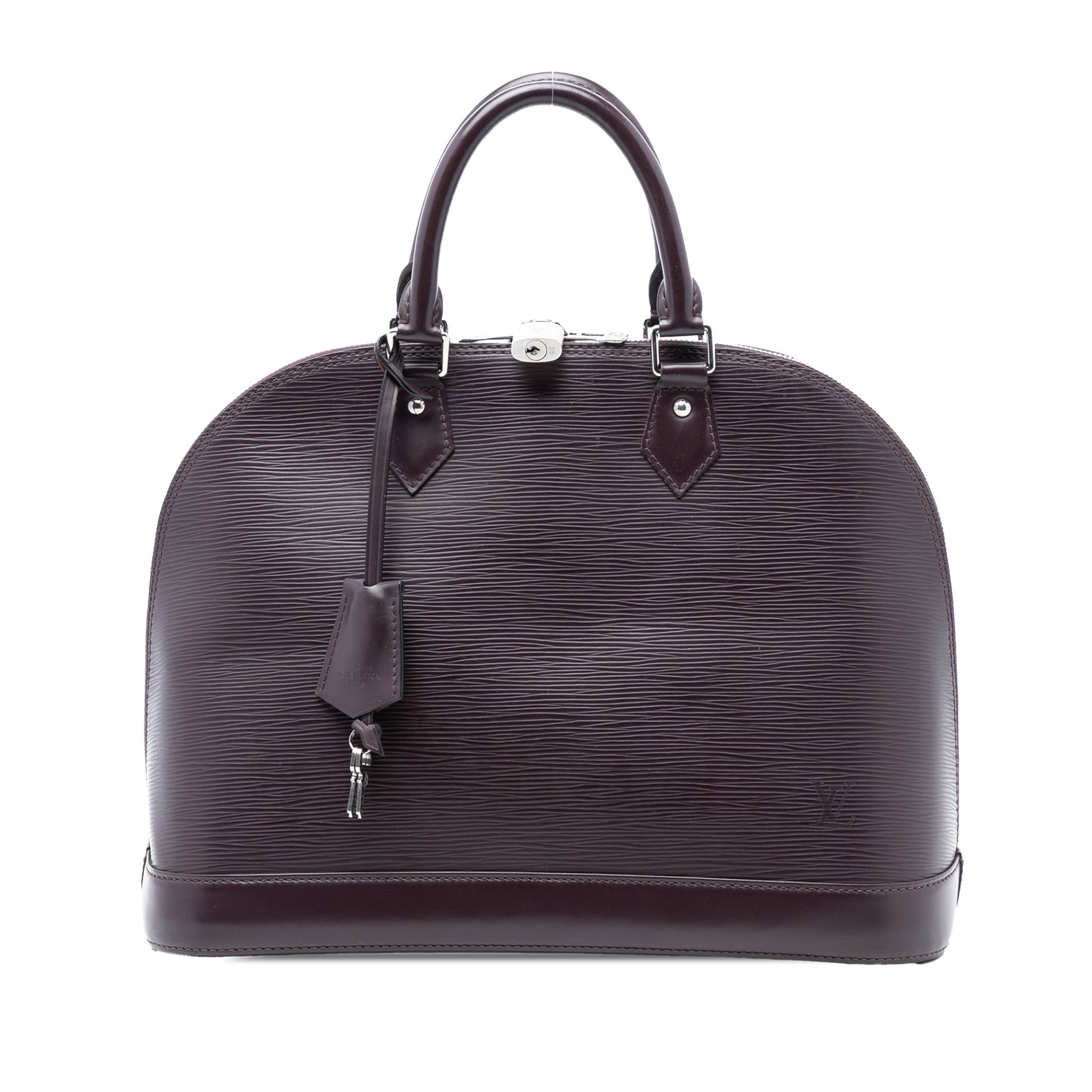 Louis Vuitton Epi Leather Alma MM Purple Handbag with Clochette: Louis Vuitton Epi Leather Alma MM Purple Handbag with Clochette This Louis Vuitton Epi Alma MM features a structured purple epi leather body with rolled leather handles and a clochette. The bag is equ