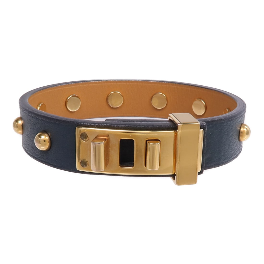 Hermes Swift Leather Mini Dog Clous Ronds Green Bracelet GHW: Hermes Swift Leather Mini Dog Clous Ronds Green Bracelet GHW This Hermes Mini Dog Clous Ronds bracelet is crafted from Swift calfskin leather in a Vert Cypress green color. Designed for women, it feat